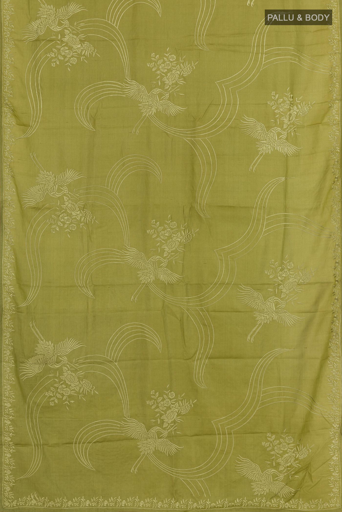 Flat view of Green Tussar Saree with Embroidery on the body and Embroidery Border. 