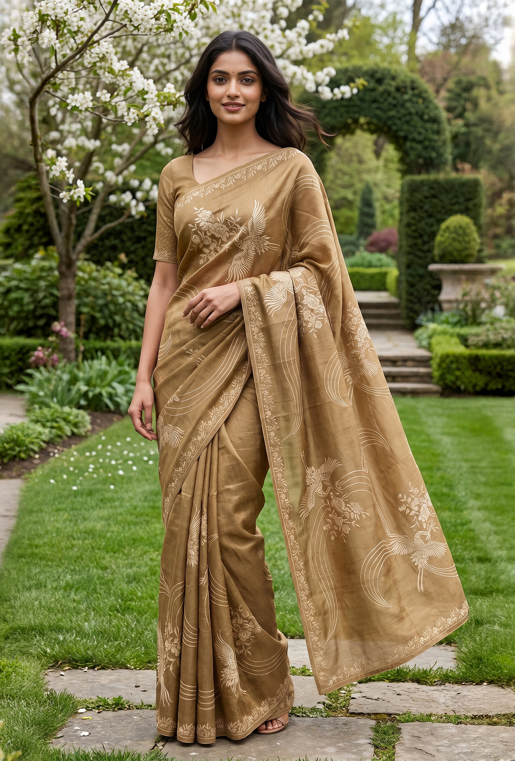 Model wearing a Brown Tussar Silk Saree with Embroidery on the body and Embroidery Border.
