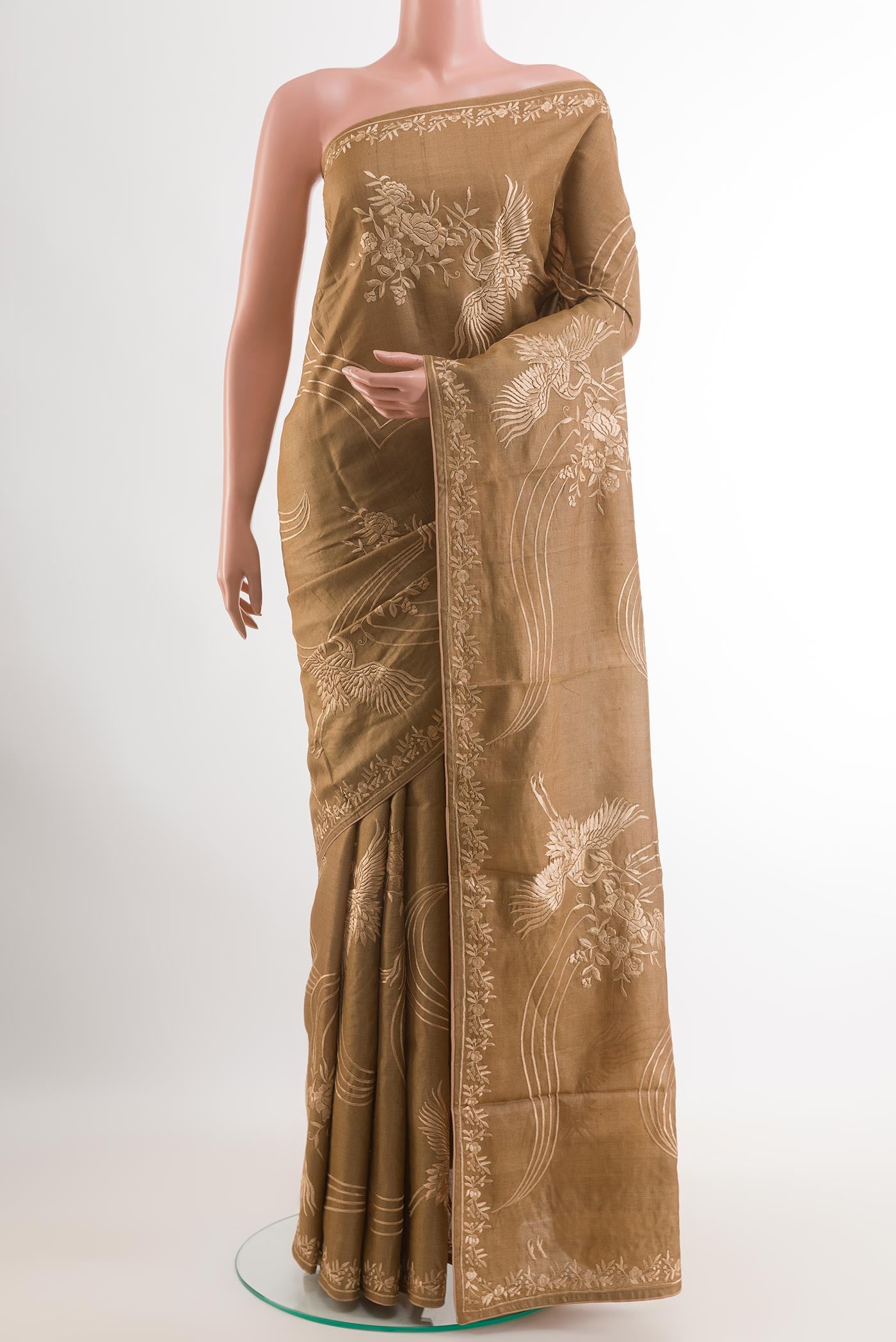 Beige Tussar Saree with Embroidery on the body and Embroidery Border.  displayed on a mannequin
