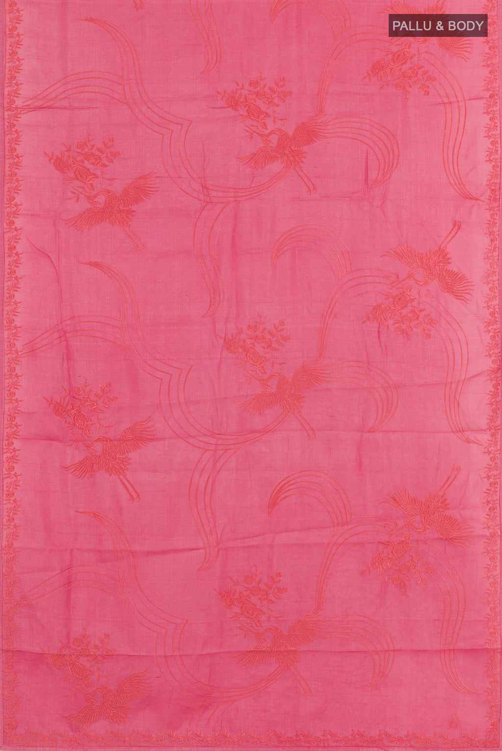 Flat view of Pink Tussar Saree with Embroidery on the body and Embroidery Border. 