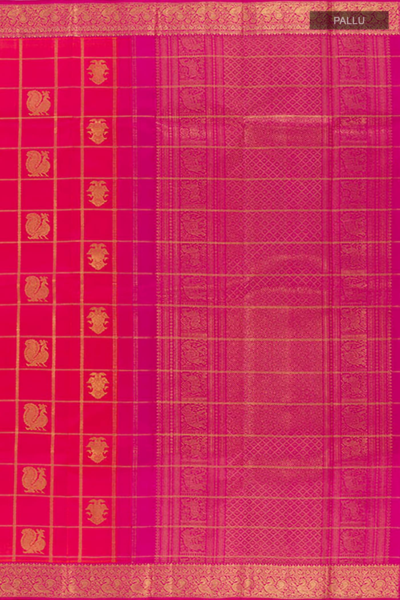 Close up image of the pallu of Pink Kanjivaram Silk Saree with Zari Butta on the body and Zari Border. 