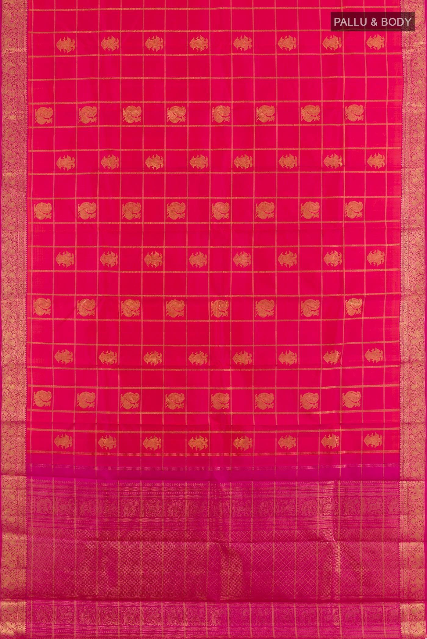 Flat view of Pink Kanjivaram Silk Saree with Zari Butta on the body and Zari Border. 