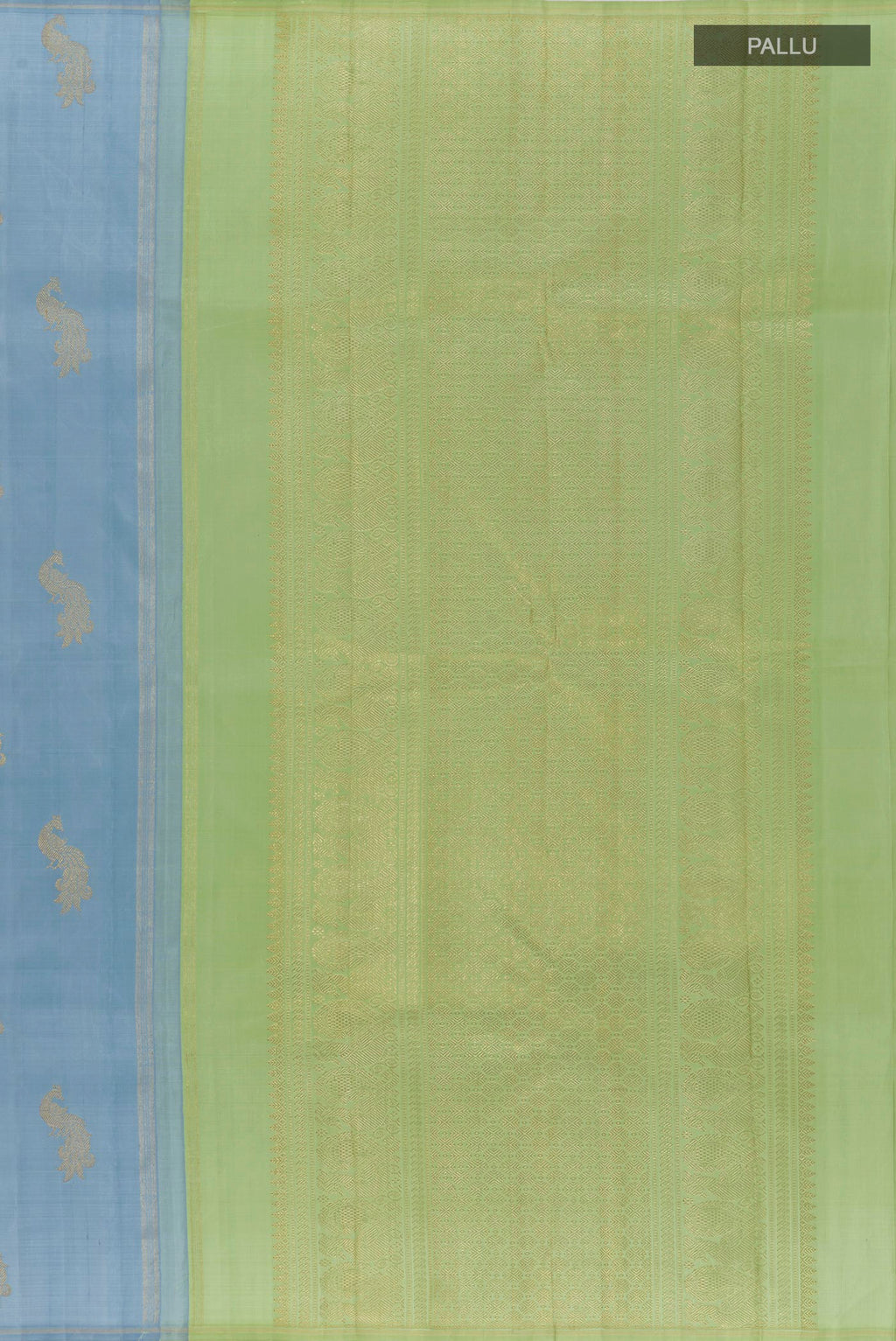 Close up image of the pallu of Blue Kanchipuram Silk Saree with Zari Butta on the body and Zari Border. 