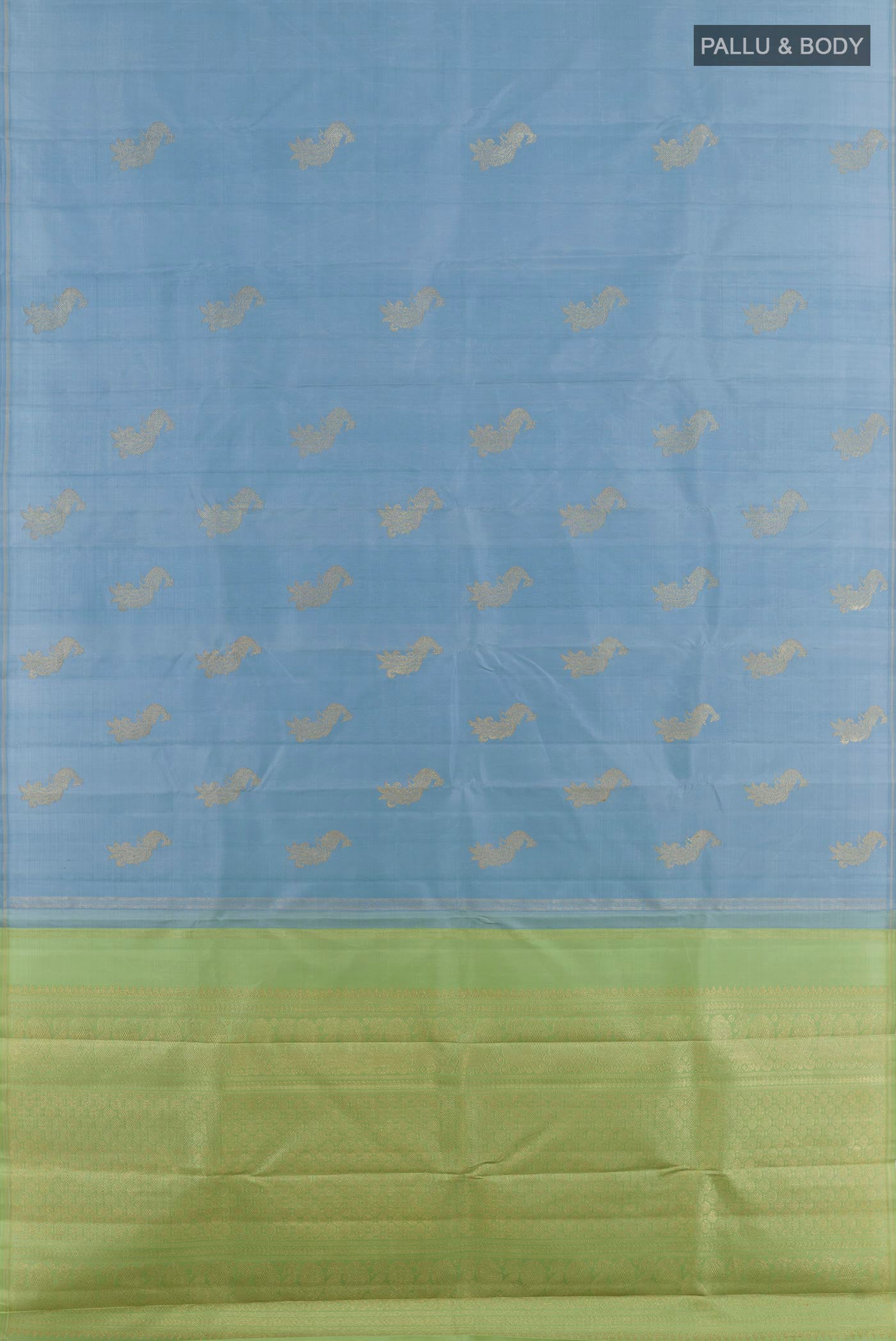 Flat view of Blue Kanchipuram Silk Saree with Zari Butta on the body and Zari Border. 