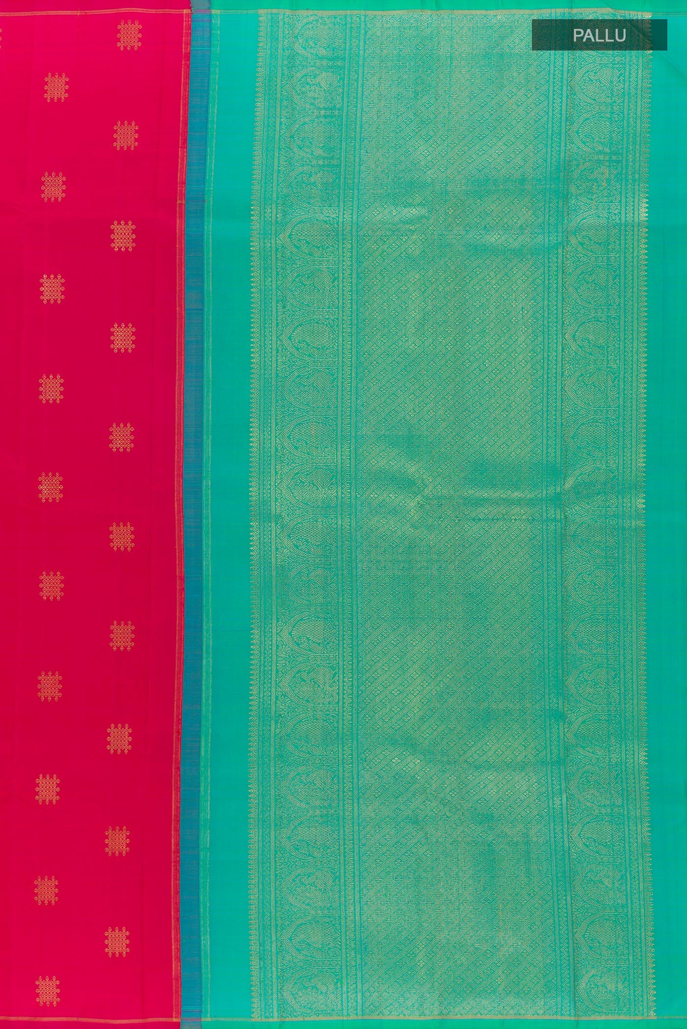 Close up image of the pallu of Pink Kanchipuram Silk Saree with Zari Butta on the body and Zari Border. 
