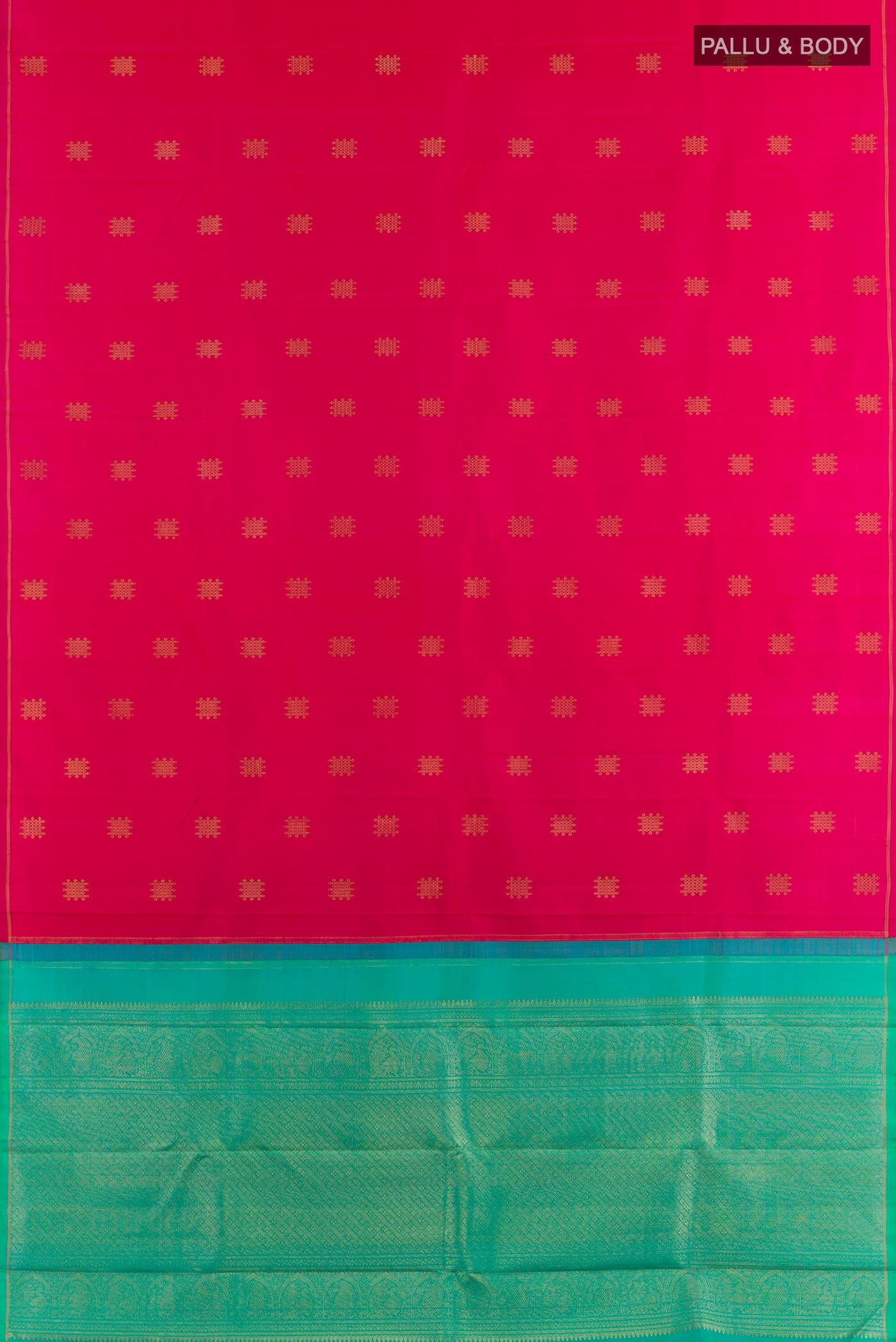 Flat view of Pink Kanchipuram Silk Saree with Zari Butta on the body and Zari Border. 