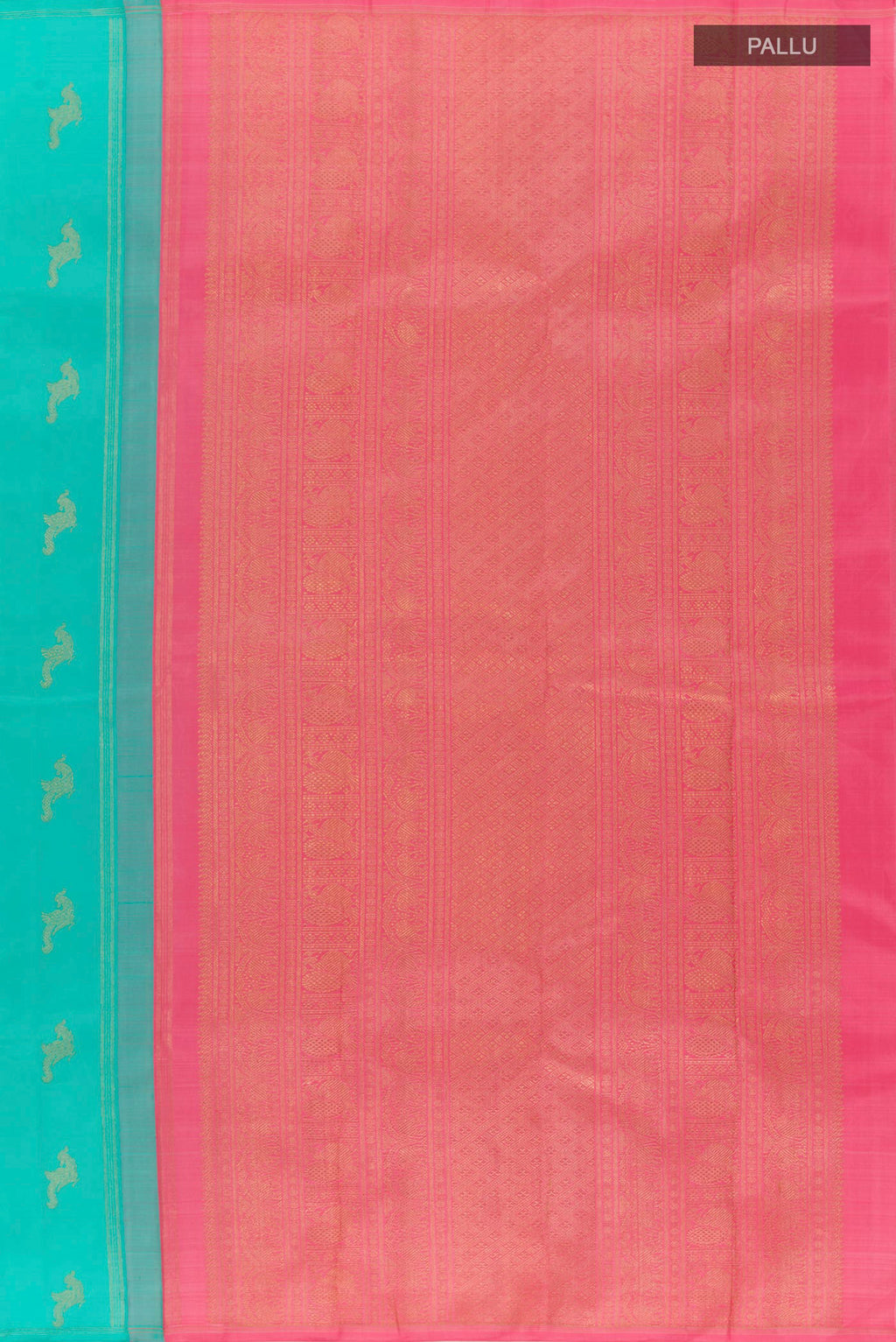 Close up image of the pallu of Sea Green Kanchipuram Silk Saree with Zari Butta on the body and Zari Border. 