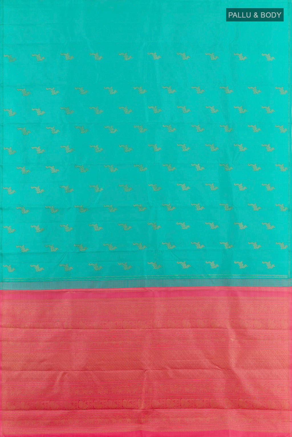 Flat view of Sea Green Kanchipuram Silk Saree with Zari Butta on the body and Zari Border. 