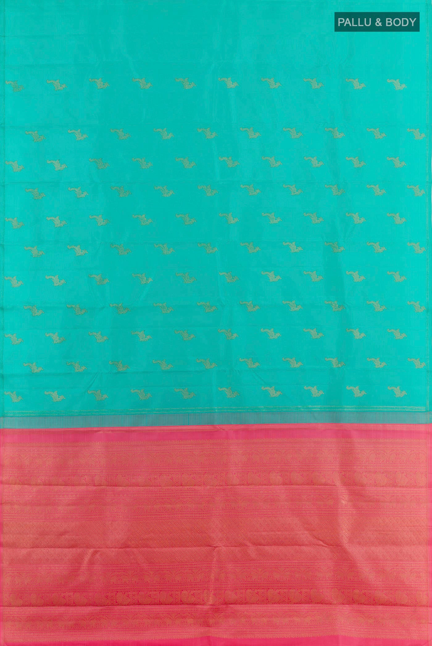 Flat view of Sea Green Kanchipuram Silk Saree with Zari Butta on the body and Zari Border. 