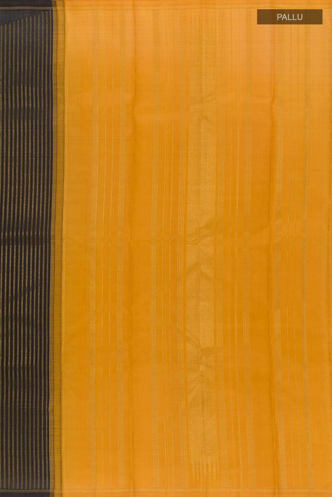 Close up image of the pallu of Black Kanchipuram Silk Saree with Stripes on the body and Zari Border. 