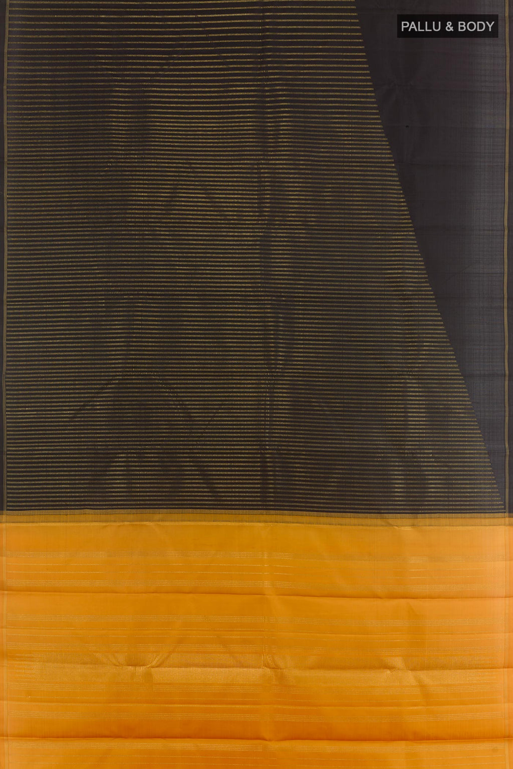 Flat view of Black Kanchipuram Silk Saree with Stripes on the body and Zari Border. 