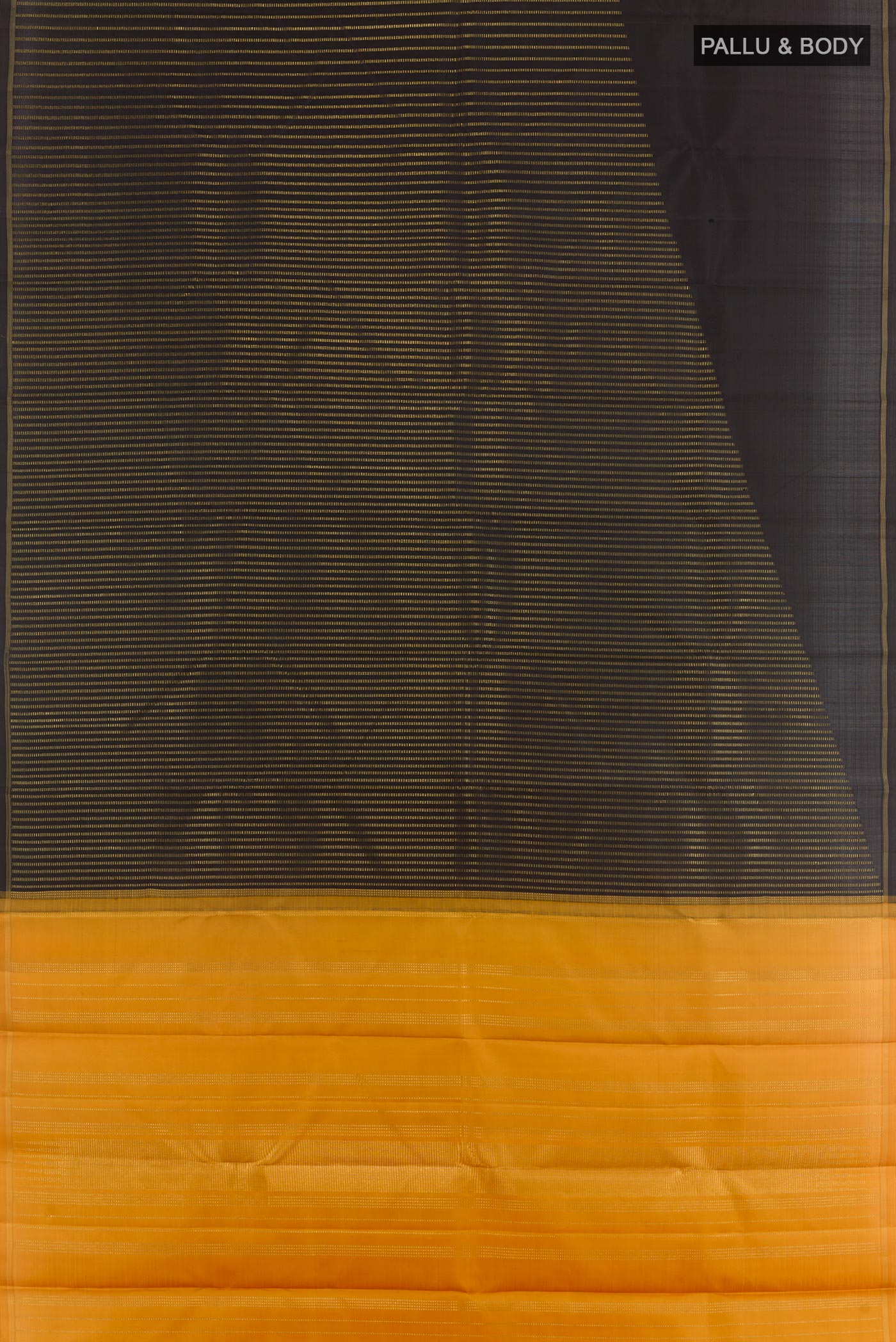 Flat view of Black Kanchipuram Silk Saree with Stripes on the body and Zari Border. 