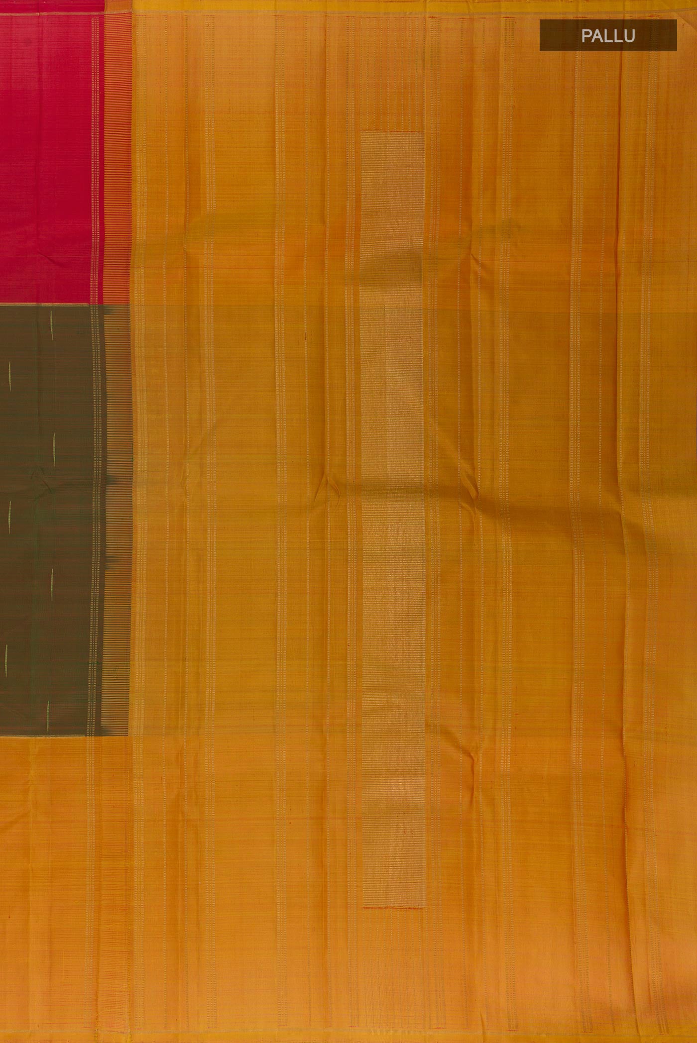 Close up image of the pallu of Multi Color Kanjivaram Silk Saree with Stripes on the body and Zari Border. 