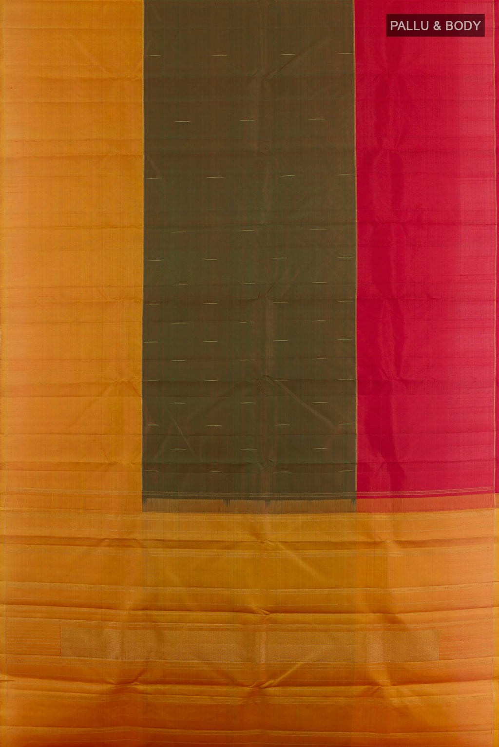 Flat view of Multi Color Kanjivaram Silk Saree with Stripes on the body and Zari Border. 