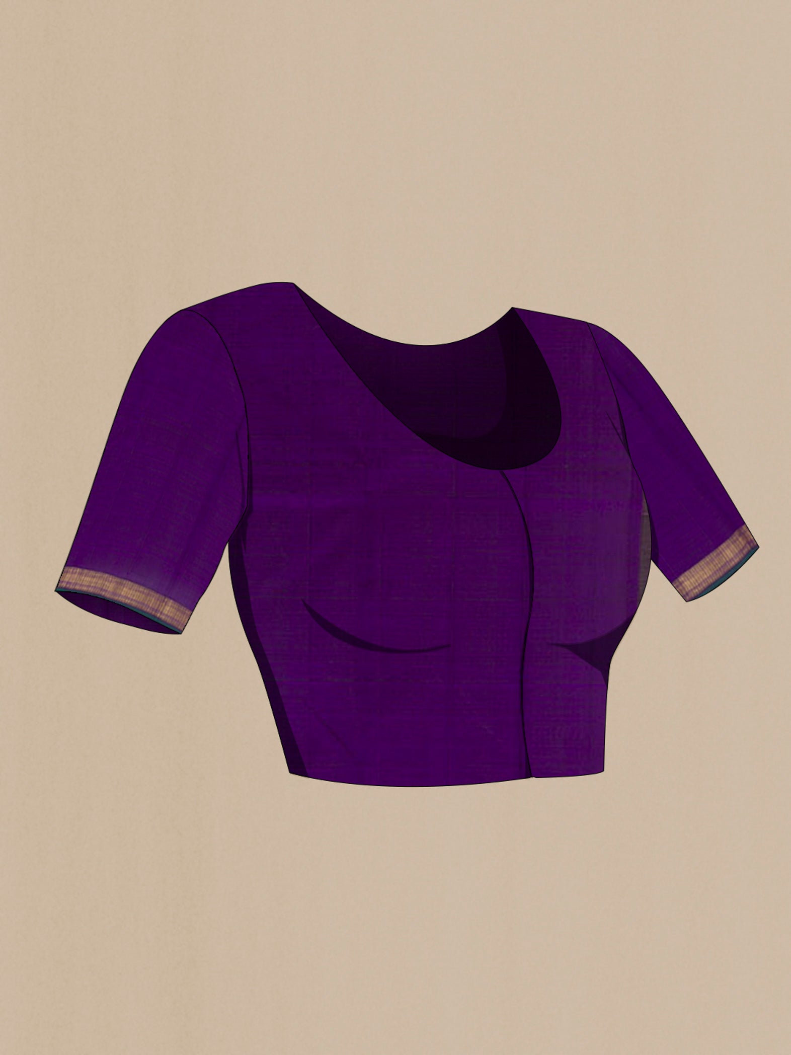 Close up image of the blouse of Purple Kanchipuram Silk Saree with Stripes on the body and Zari Border. 
