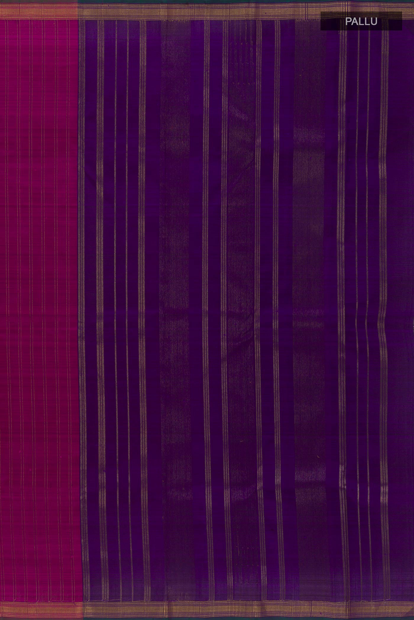 Close up image of the pallu of Purple Kanchipuram Silk Saree with Stripes on the body and Zari Border. 