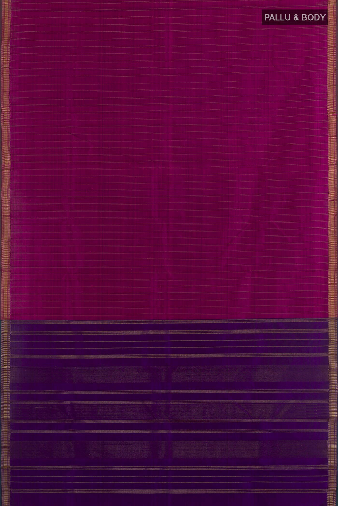 Flat view of Purple Kanchipuram Silk Saree with Stripes on the body and Zari Border. 