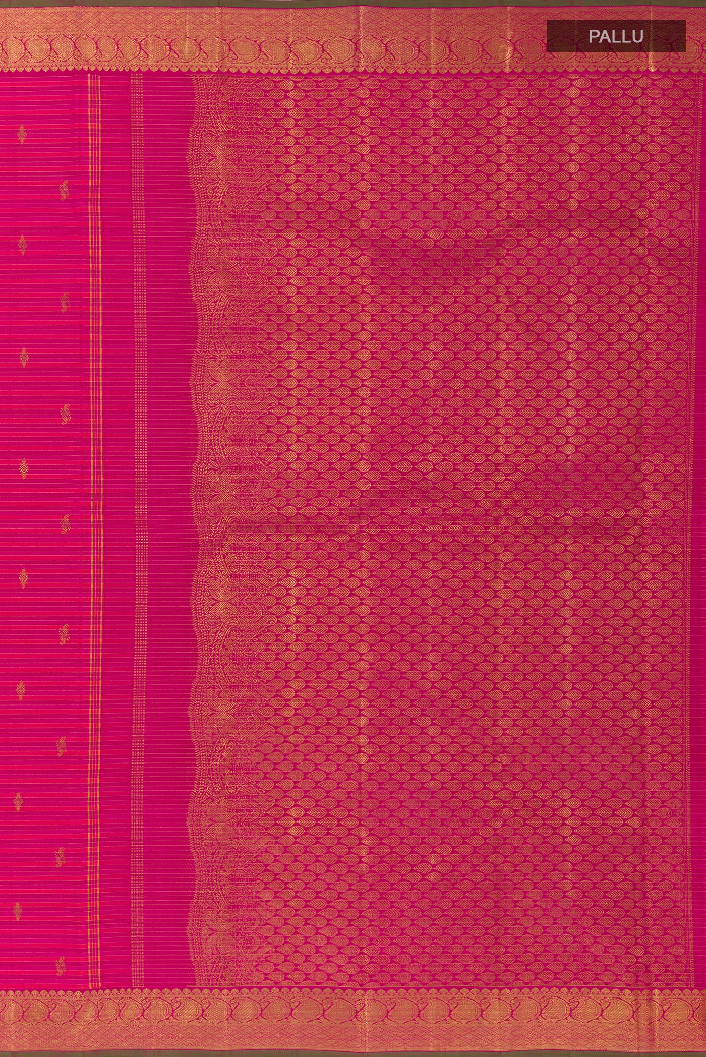 Close up image of the pallu of Pink Kanchipuram Silk Saree with Stripes on the body and Zari Border. 