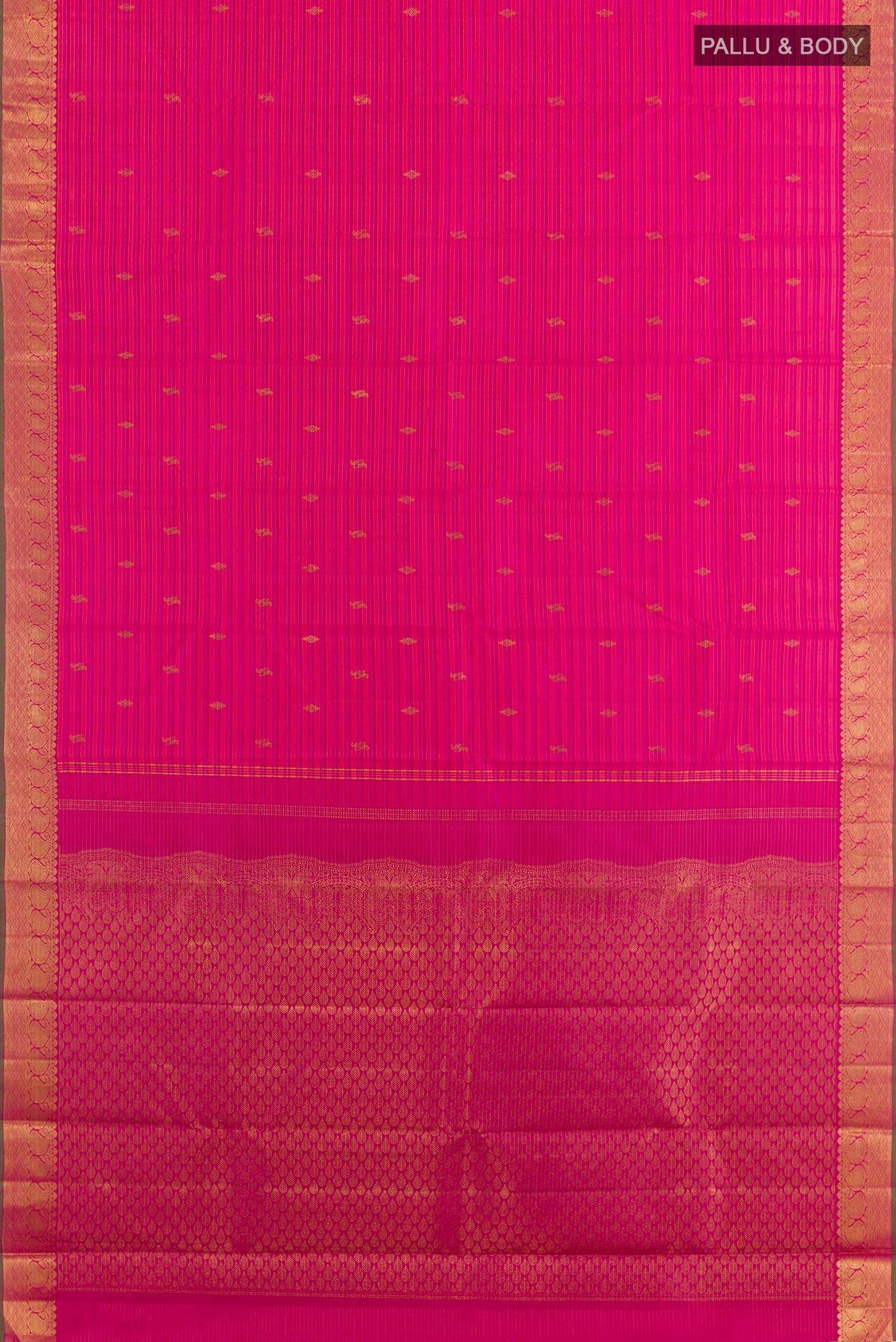 Flat view of Pink Kanchipuram Silk Saree with Stripes on the body and Zari Border. 