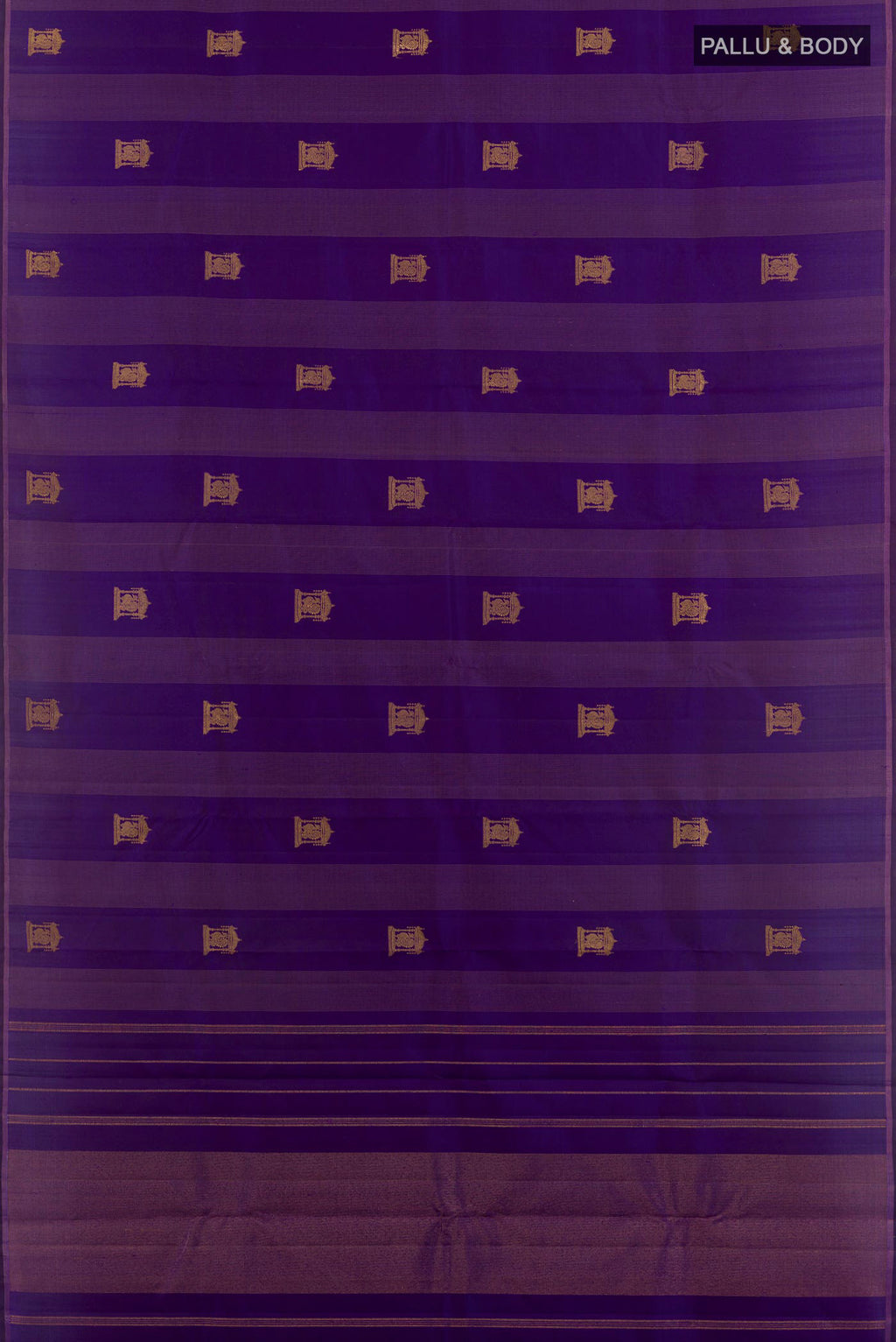 Flat view of Purple Kanjivaram Silk Saree with Zari Butta on the body and Zari Border. 