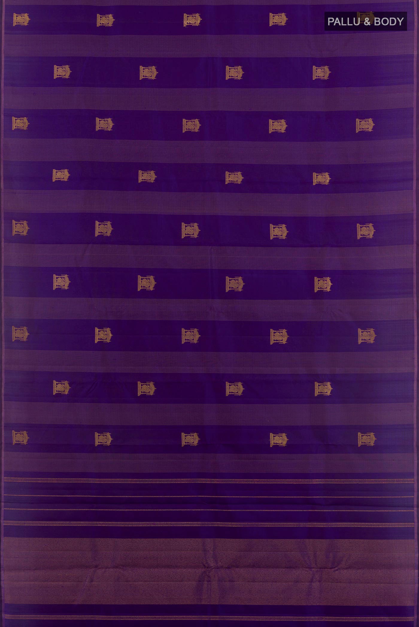 Flat view of Purple Kanjivaram Silk Saree with Zari Butta on the body and Zari Border. 