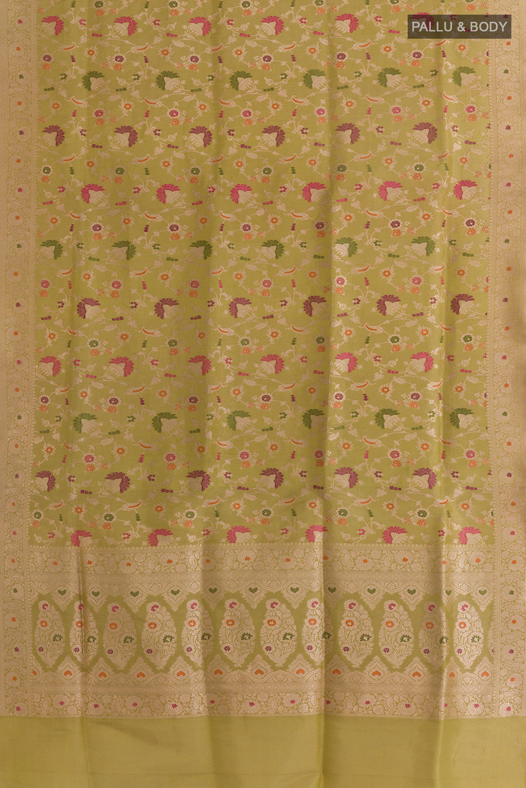 Flat view of Pure Silk Golden Banarasi Saree with Zari Brocade on the body and Zari Border. 