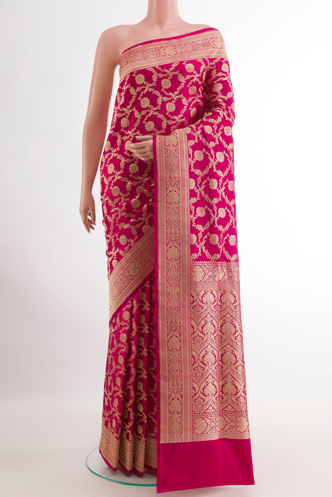 Pink Banarasi Silk Saree with Zari Brocade on the body and Zari Border.  displayed on a mannequin