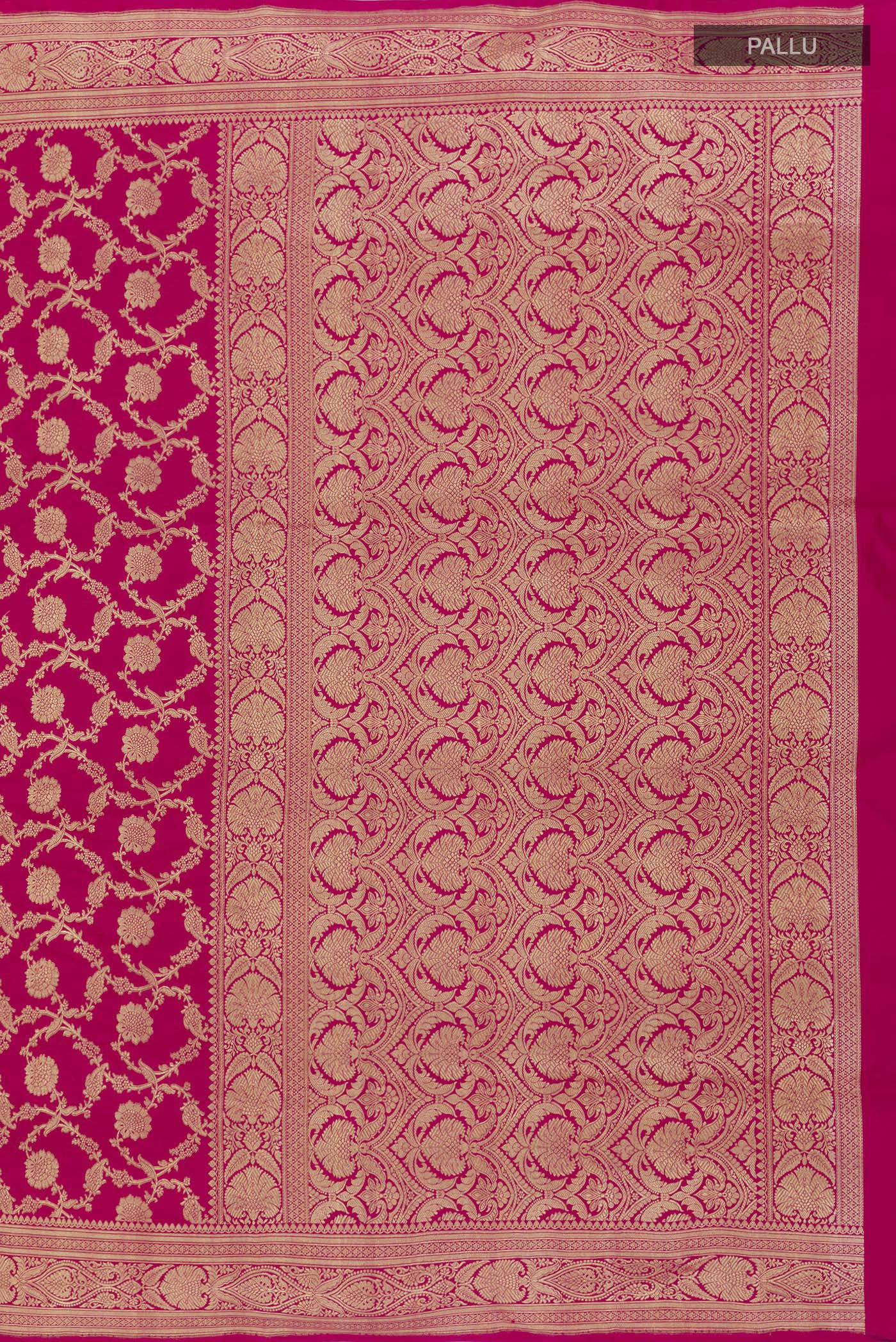 Close up image of the pallu of Pink Banarasi Silk Saree with Zari Brocade on the body and Zari Border. 