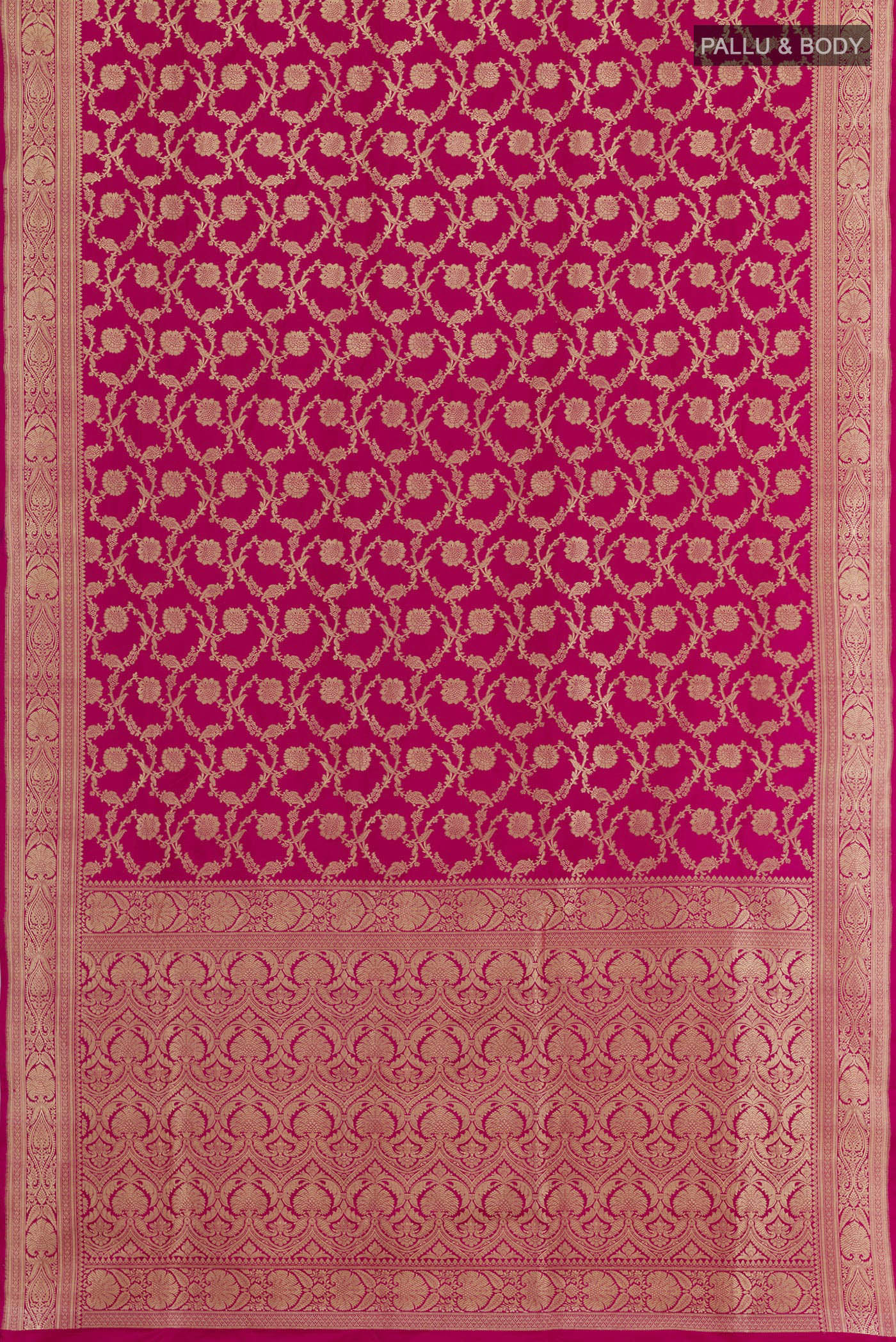 Flat view of Pink Banarasi Silk Saree with Zari Brocade on the body and Zari Border. 