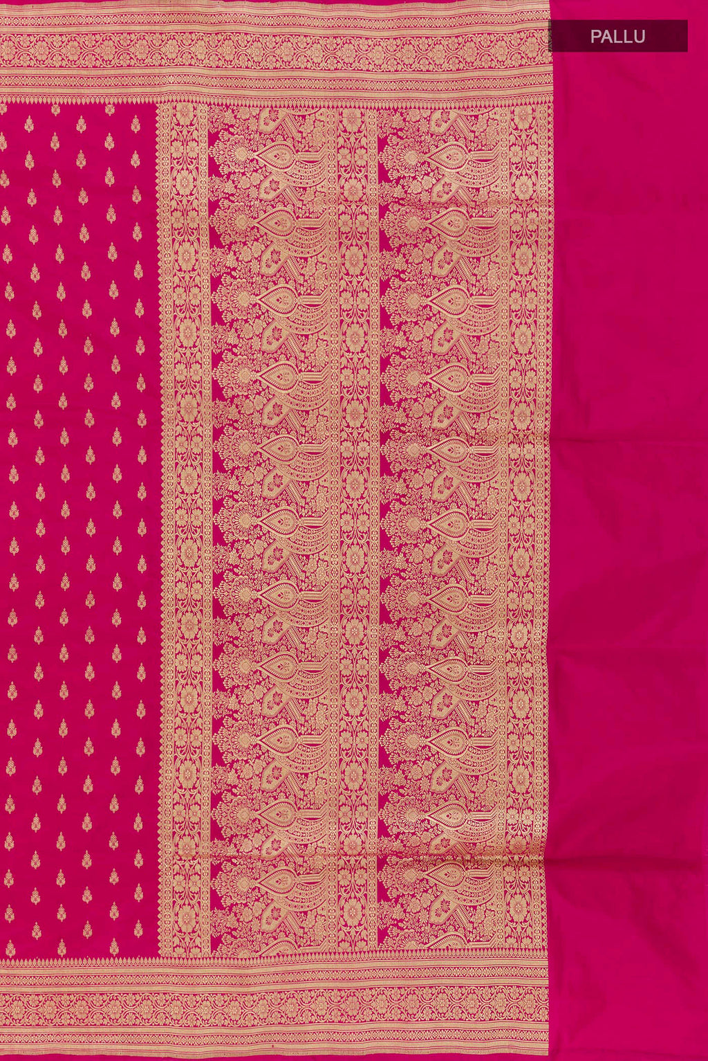 Close up image of the pallu of Pink Banarasi Silk Saree with Zari Butta on the body and Zari Border. 