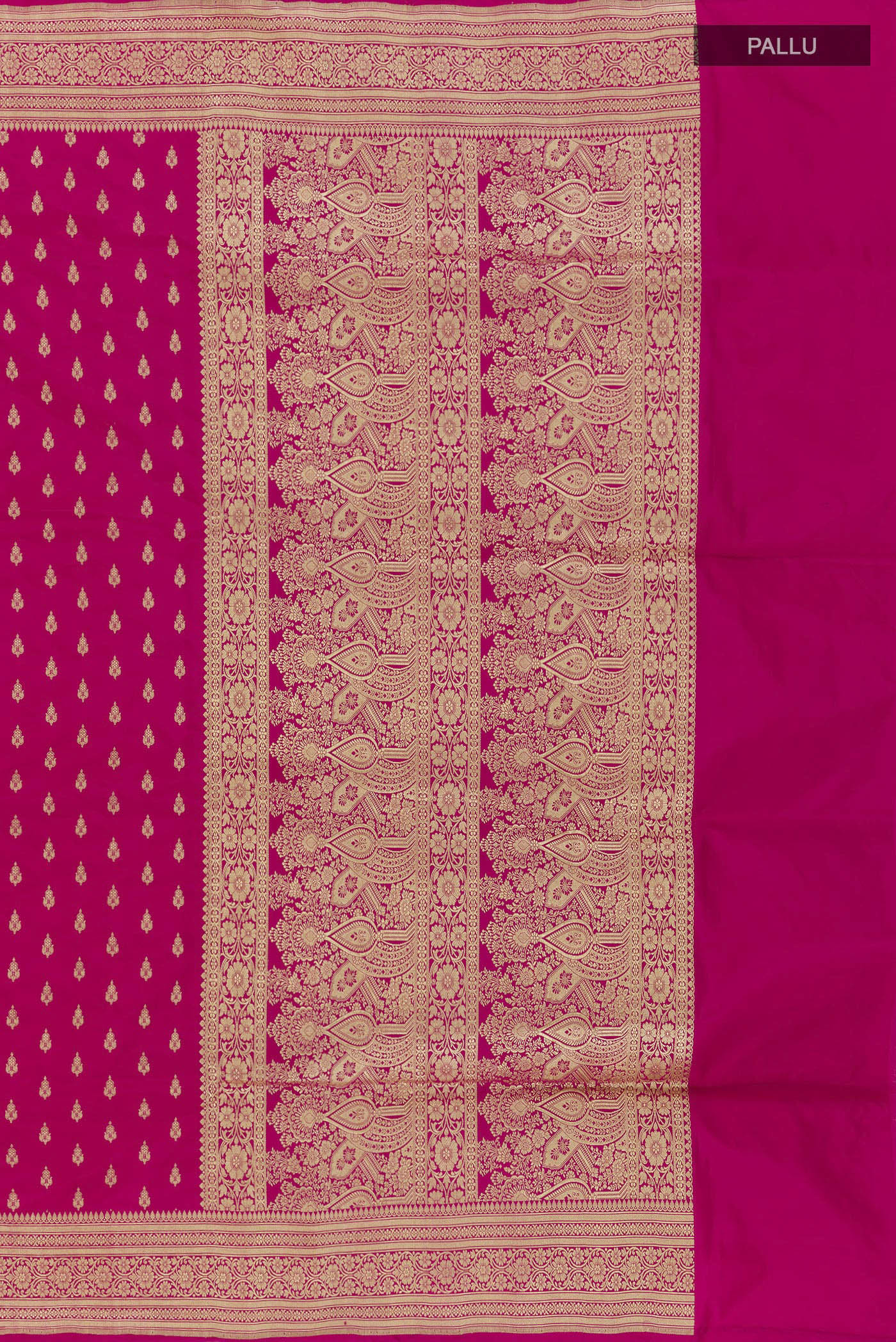Close up image of the pallu of Pink Banarasi Silk Saree with Zari Butta on the body and Zari Border. 