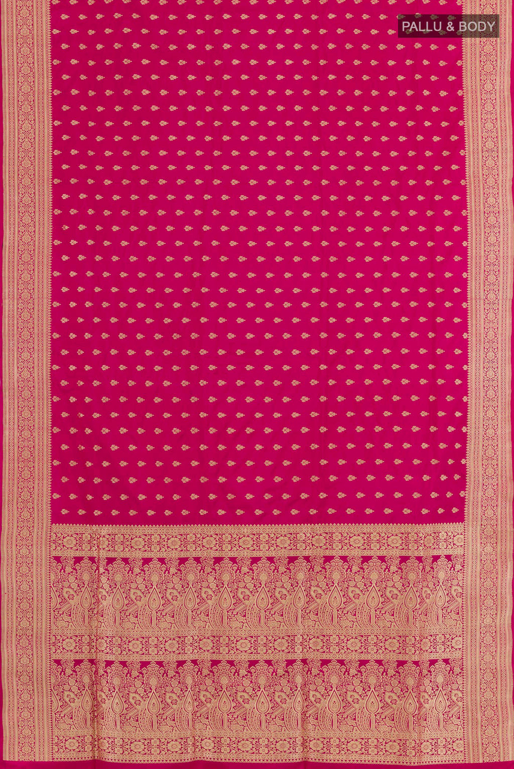 Flat view of Pink Banarasi Silk Saree with Zari Butta on the body and Zari Border. 