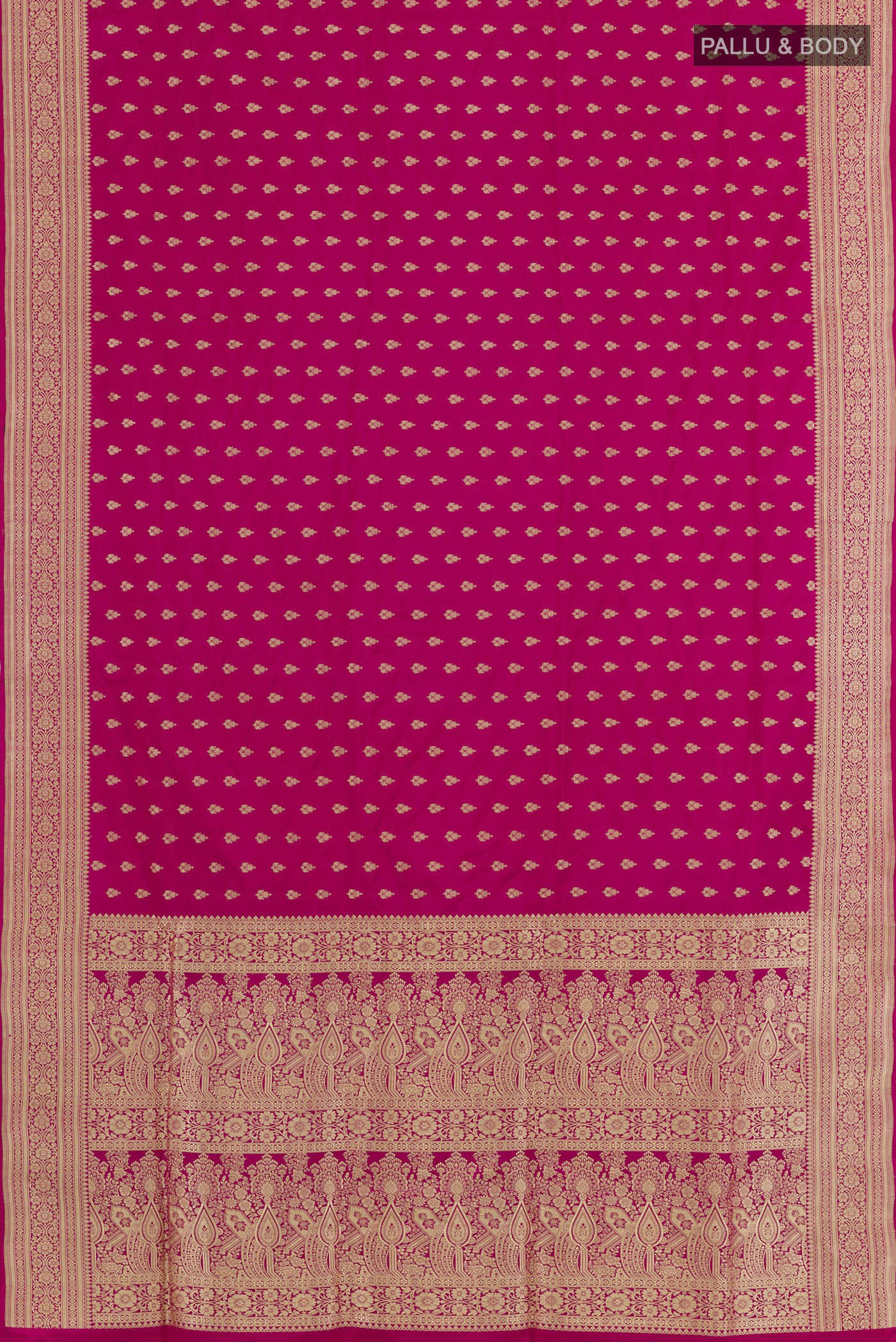 Flat view of Pink Banarasi Silk Saree with Zari Butta on the body and Zari Border. 