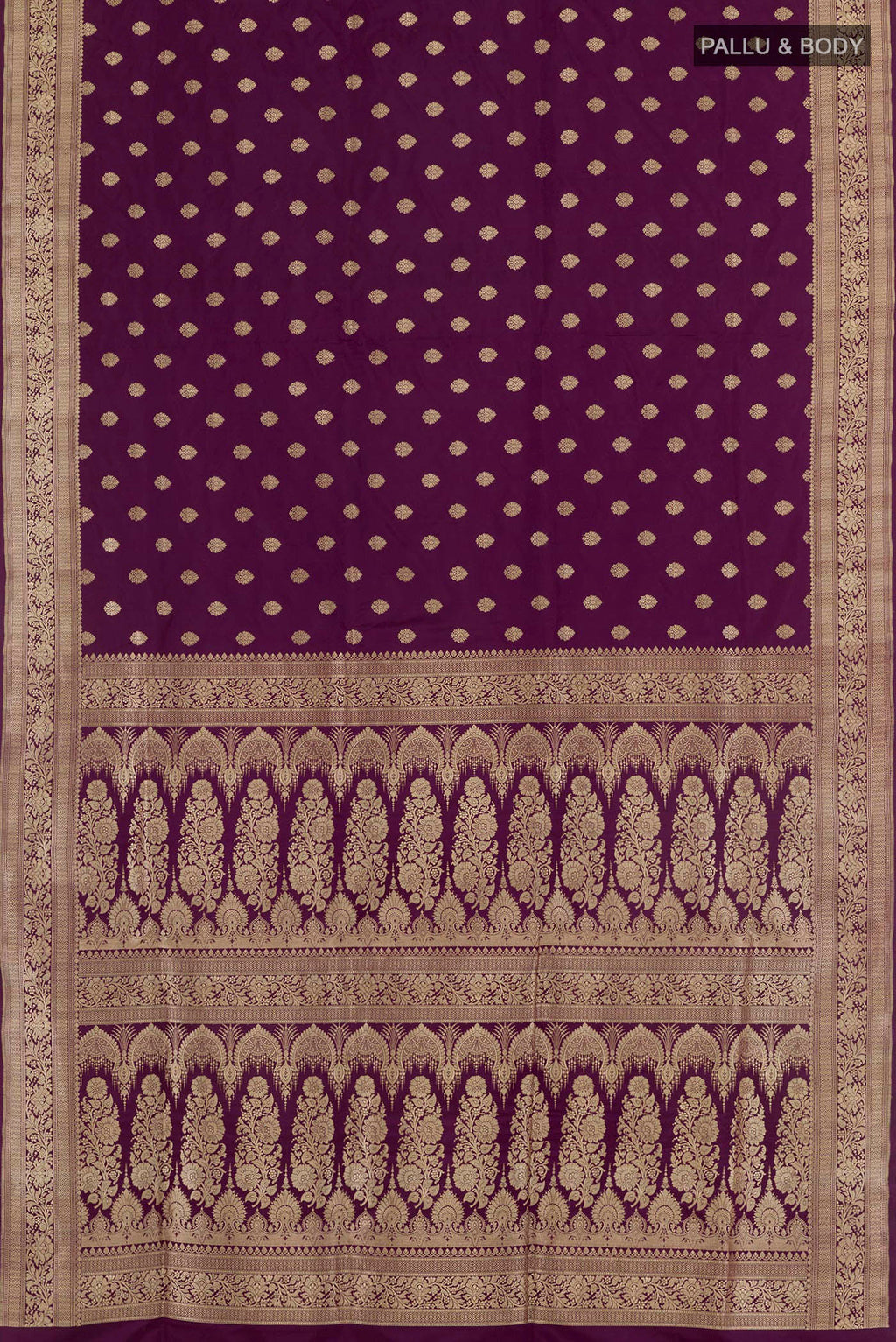 Flat view of Purple Banarasi Silk Saree with Zari Butta on the body and Zari Border. 