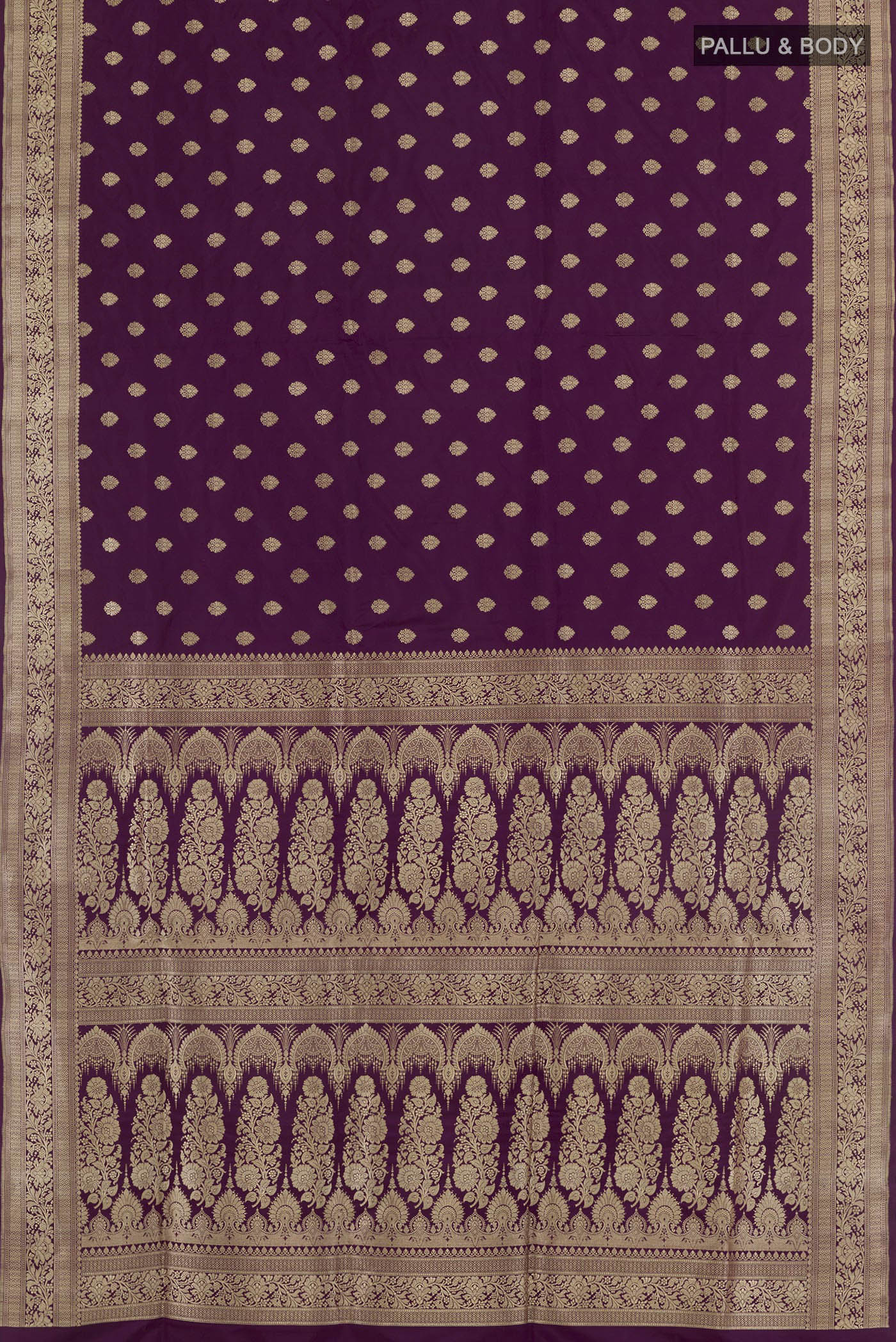Flat view of Purple Banarasi Silk Saree with Zari Butta on the body and Zari Border. 