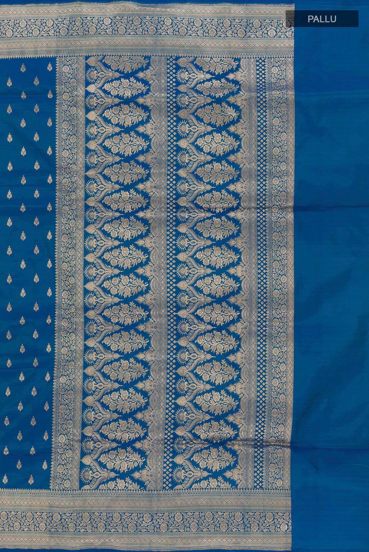 Close up image of the pallu of Blue Banarasi Silk Saree with Zari Butta on the body and Zari Border. 