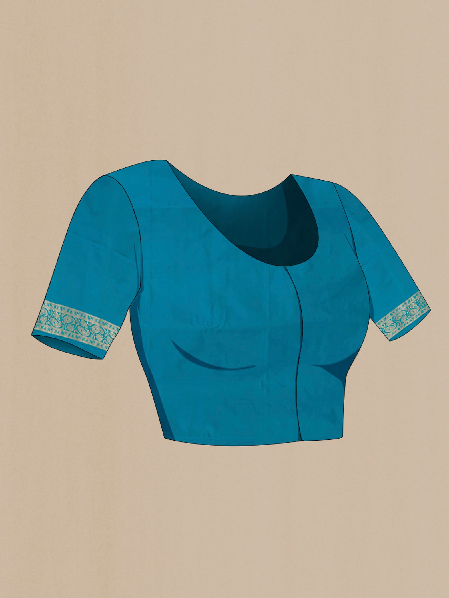 Close up image of the blouse of Blue Banarasi Silk Saree with Zari Butta on the body and Zari Border. 
