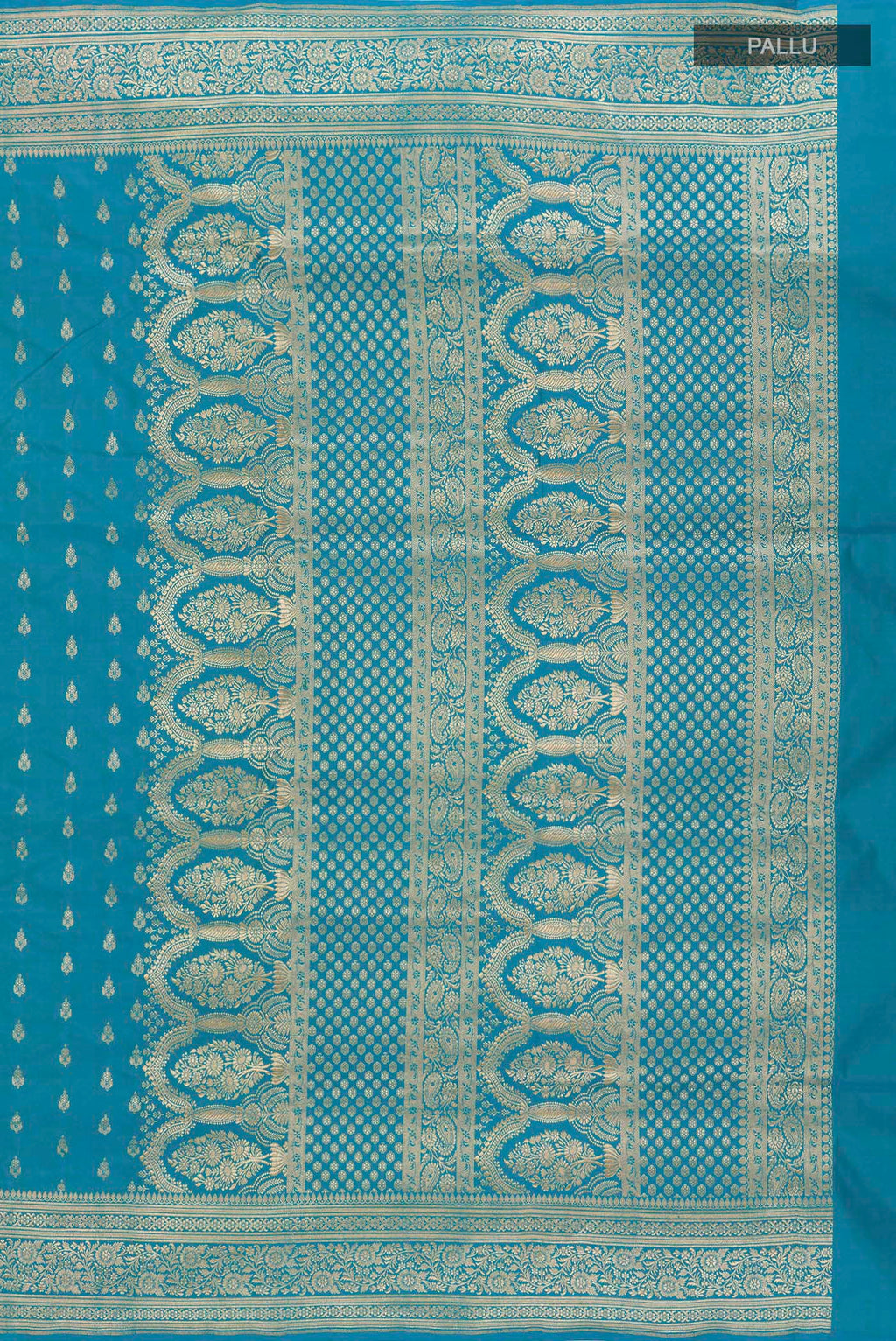 Close up image of the pallu of Blue Banarasi Silk Saree with Zari Butta on the body and Zari Border. 