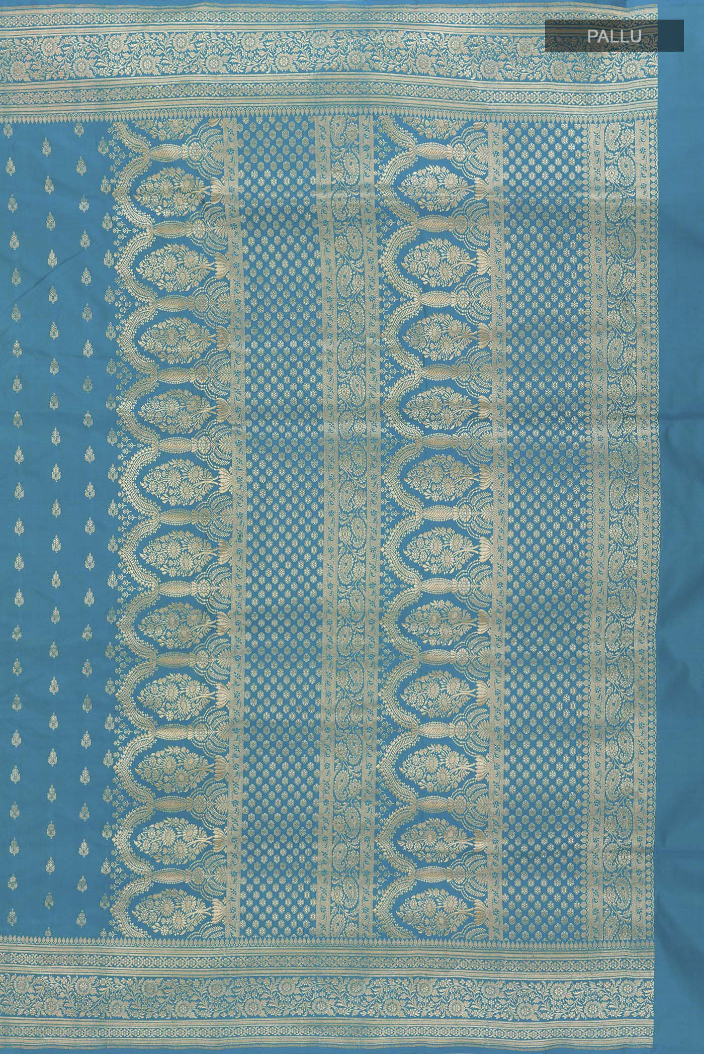Close up image of the pallu of Blue Banarasi Silk Saree with Zari Butta on the body and Zari Border. 