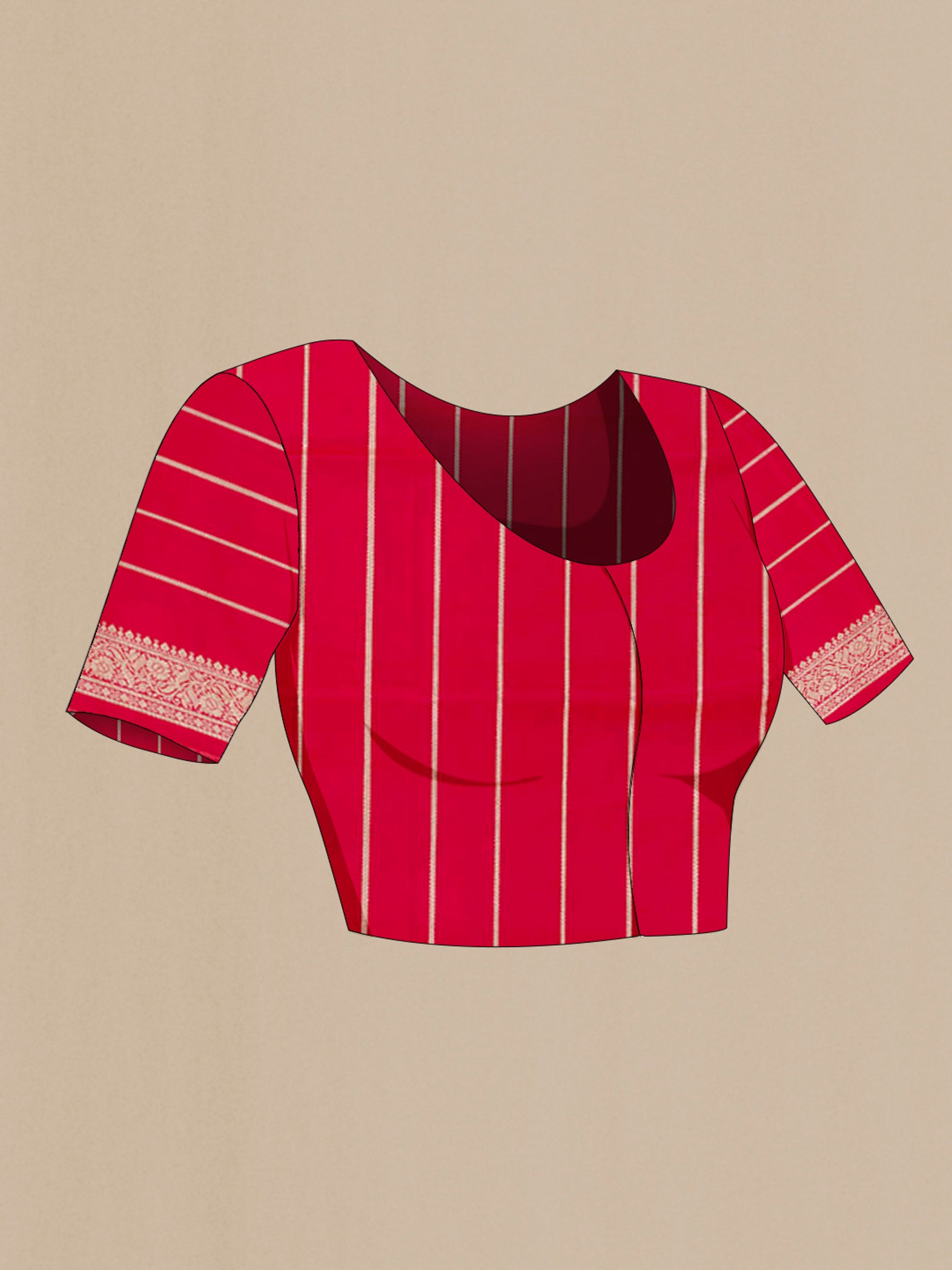 Close up image of the blouse of Red Banarasi Silk Saree with Zari Butta on the body and Zari Border. 