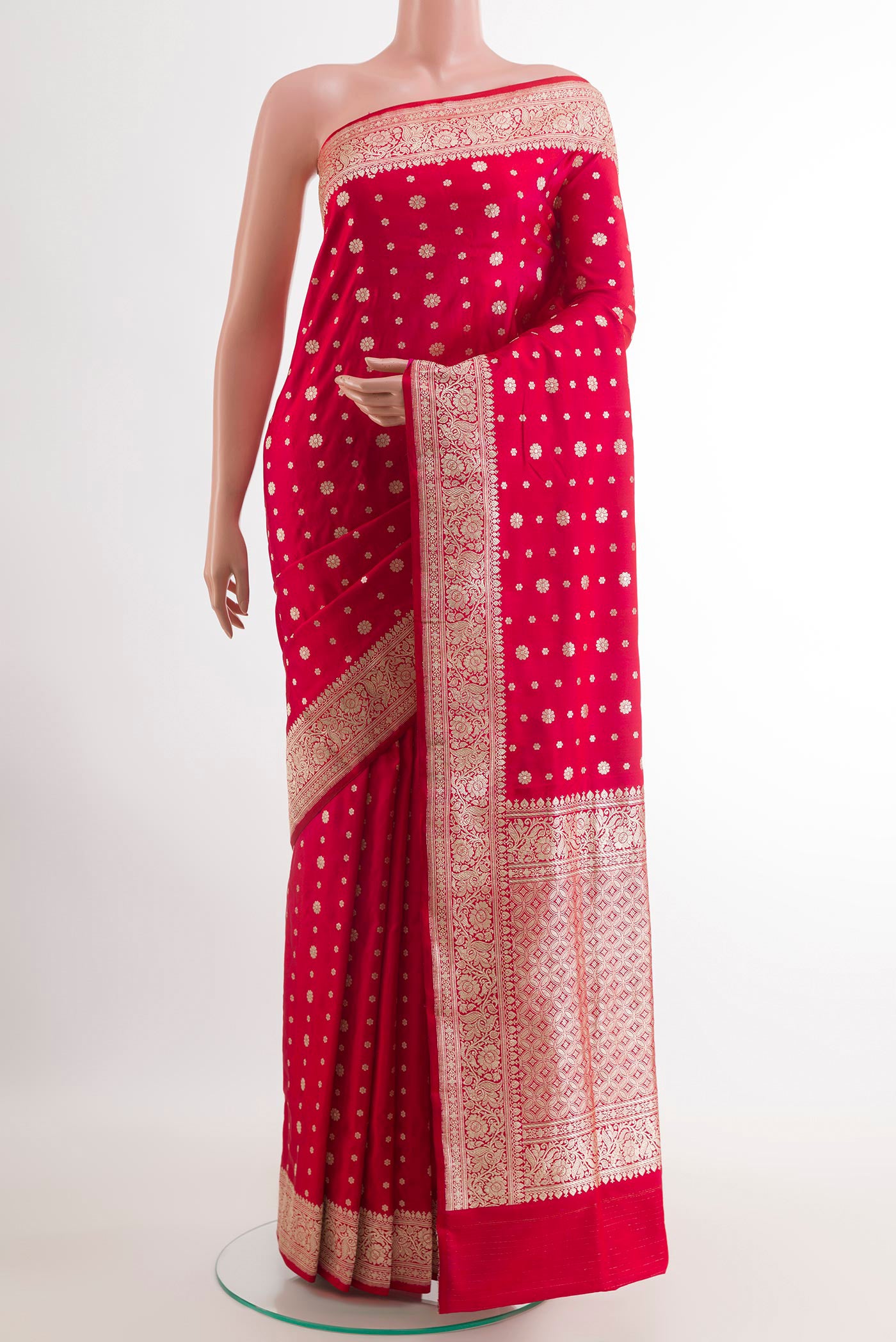 Red Banarasi Silk Saree with Zari Butta on the body and Zari Border.  displayed on a mannequin