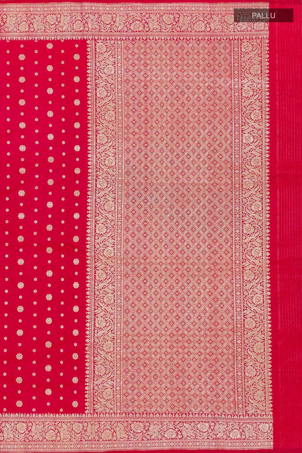 Close up image of the pallu of Red Banarasi Silk Saree with Zari Butta on the body and Zari Border. 