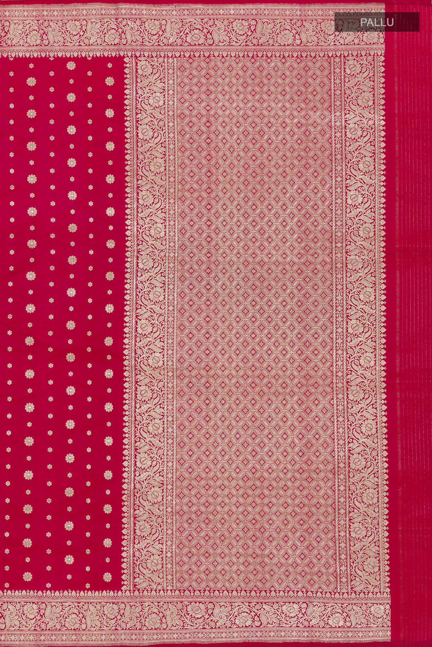 Close up image of the pallu of Red Banarasi Silk Saree with Zari Butta on the body and Zari Border. 