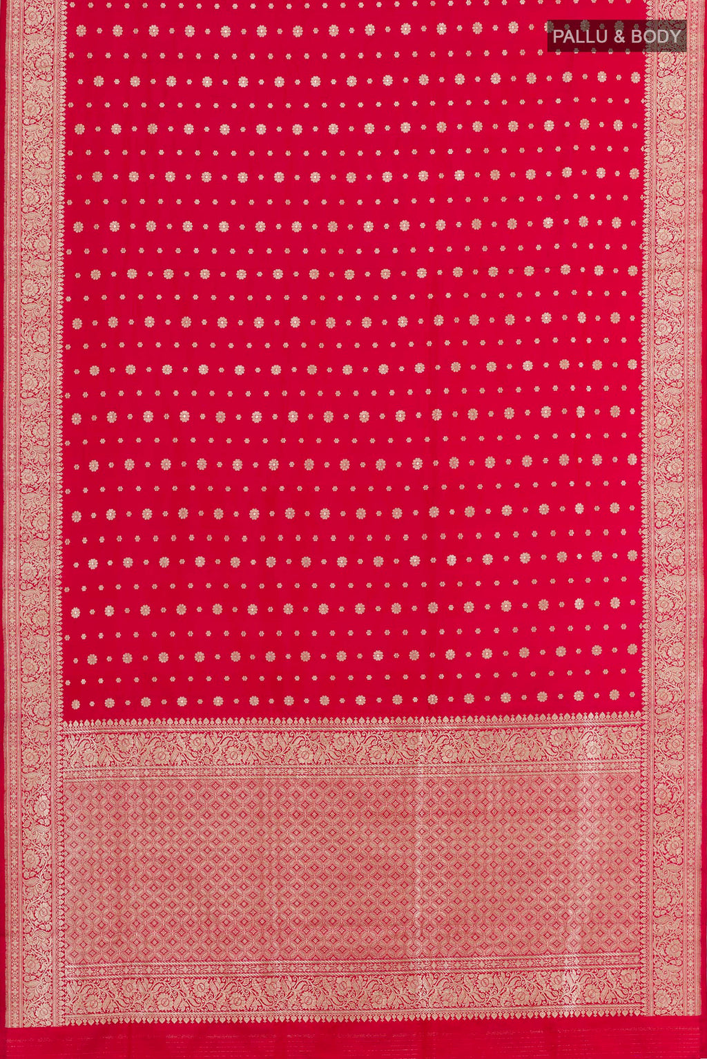 Flat view of Red Banarasi Silk Saree with Zari Butta on the body and Zari Border. 