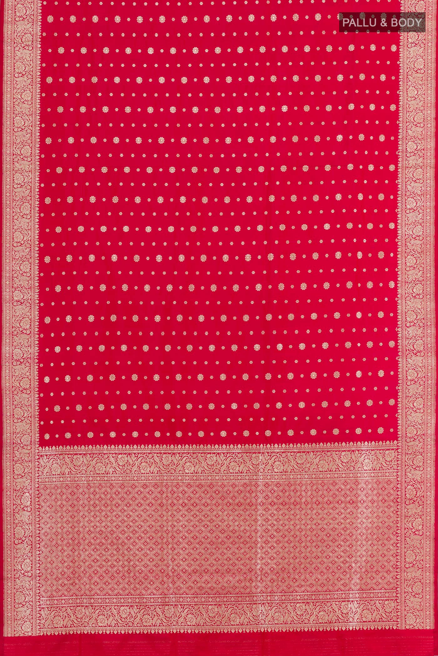 Flat view of Red Banarasi Silk Saree with Zari Butta on the body and Zari Border. 