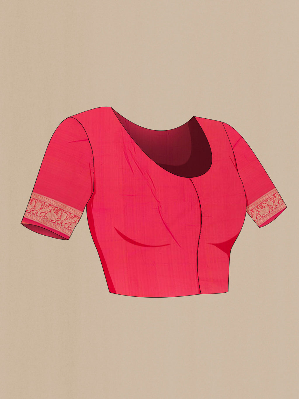Close up image of the blouse of Pink Banarasi Silk Saree with Zari Brocade on the body and Zari Border. 