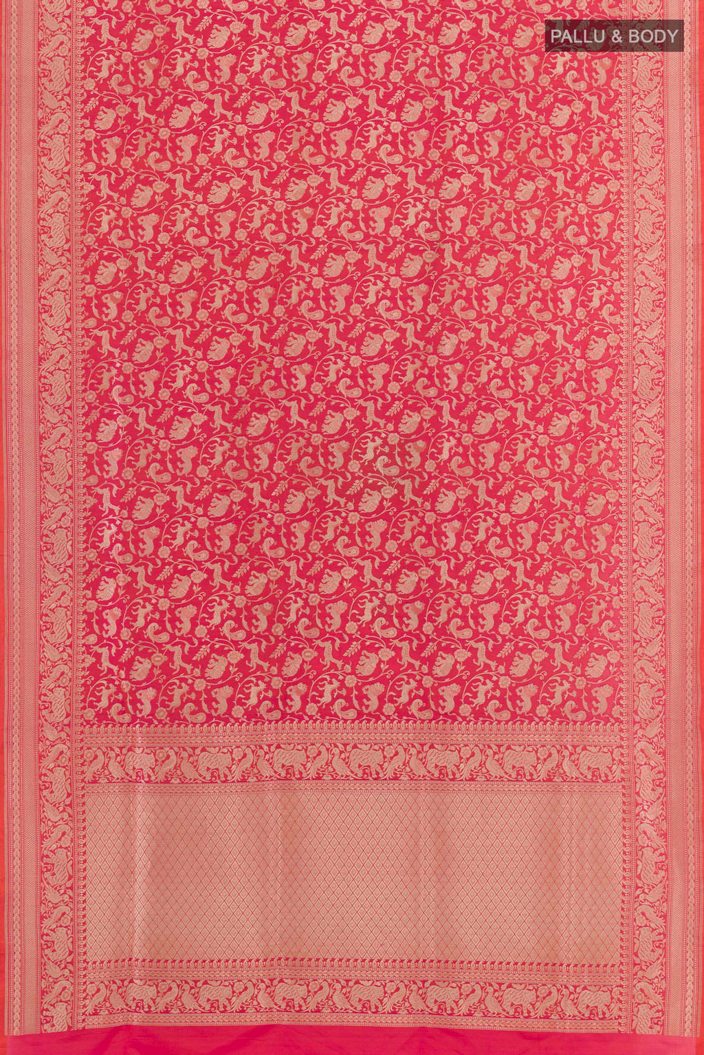 Flat view of Pink Banarasi Silk Saree with Zari Brocade on the body and Zari Border. 