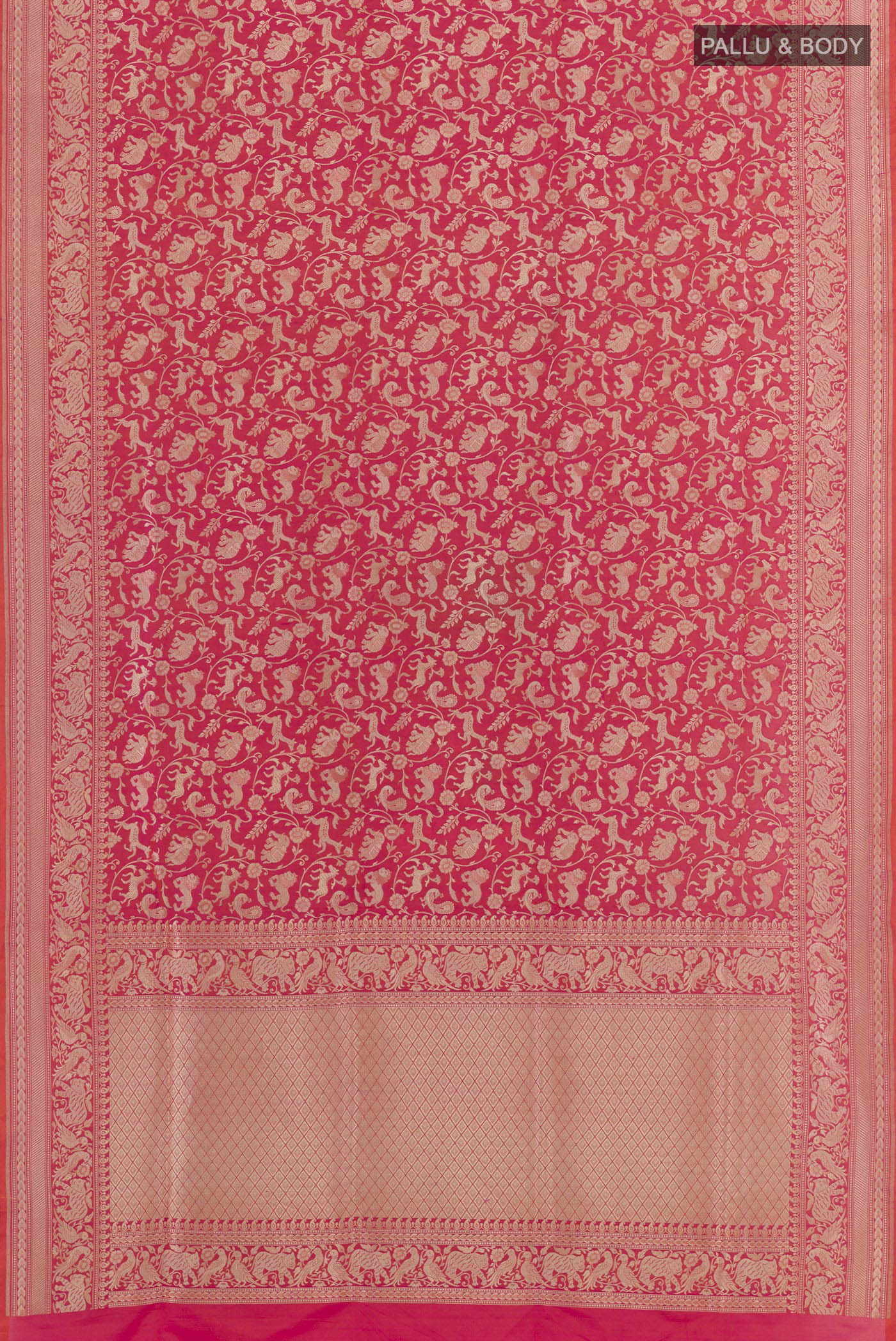 Flat view of Pink Banarasi Silk Saree with Zari Brocade on the body and Zari Border. 