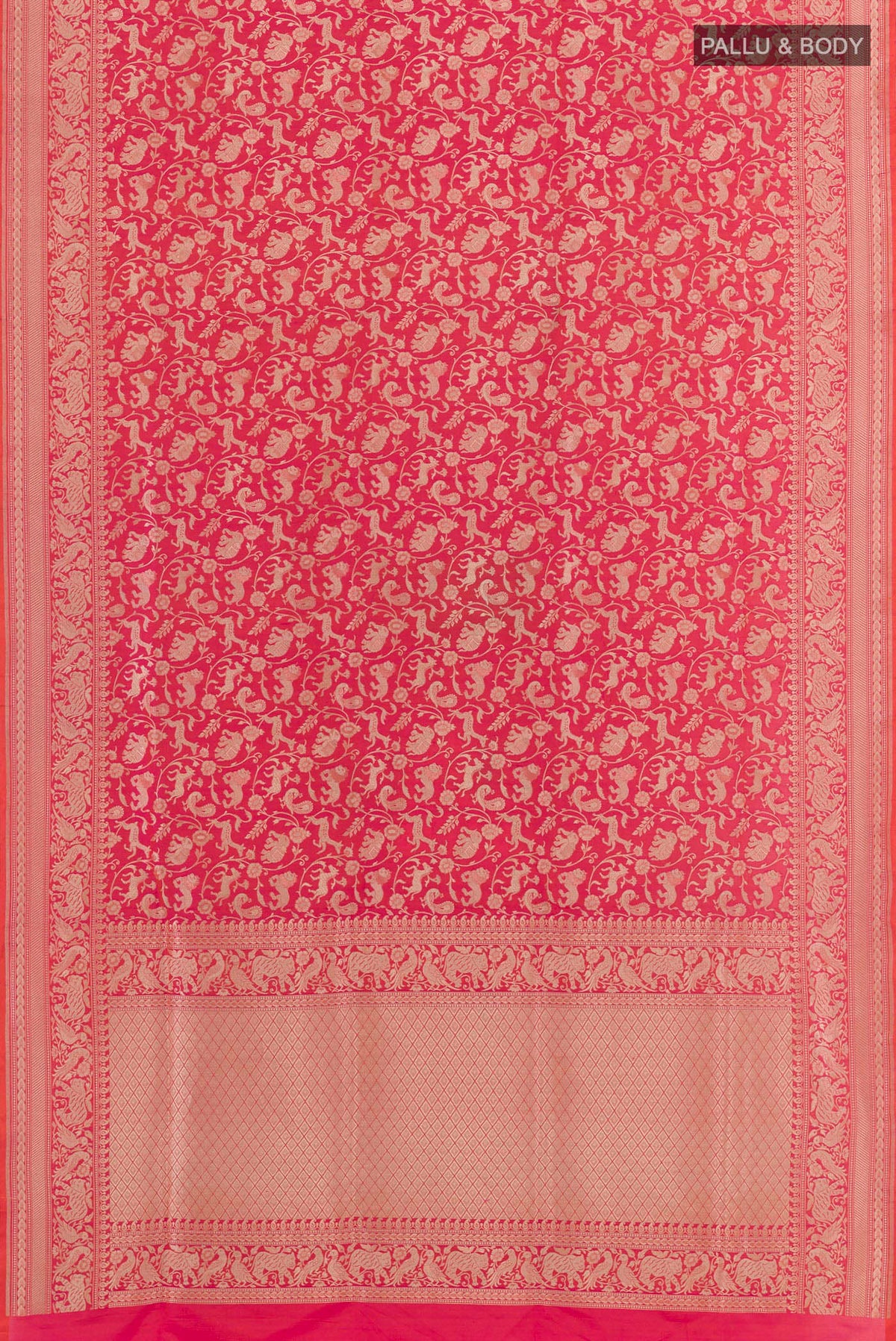 Flat view of Pink Banarasi Silk Saree with Zari Brocade on the body and Zari Border. 