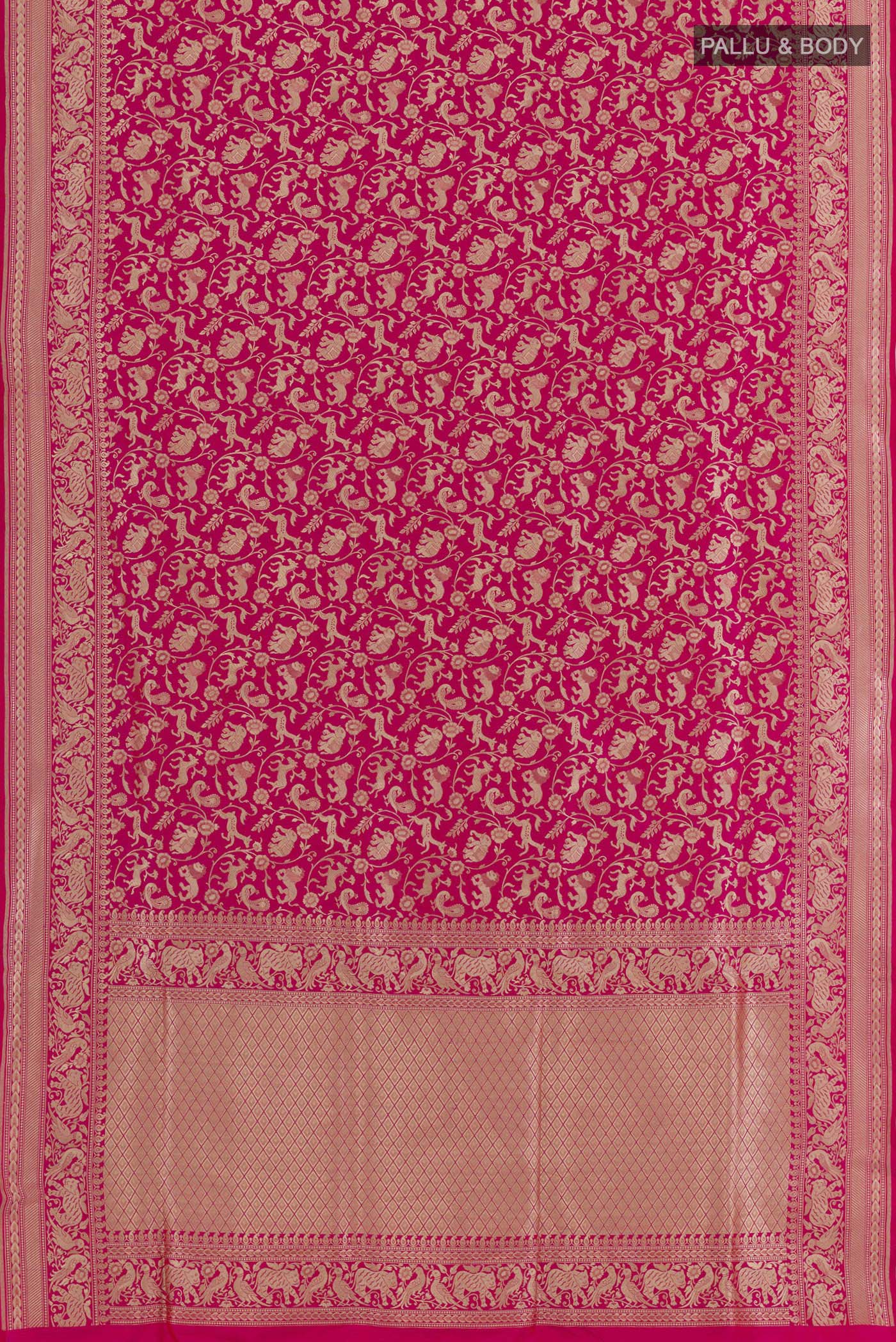Flat view of Pink Banarasi Silk Saree with Zari Brocade on the body and Zari Border. 